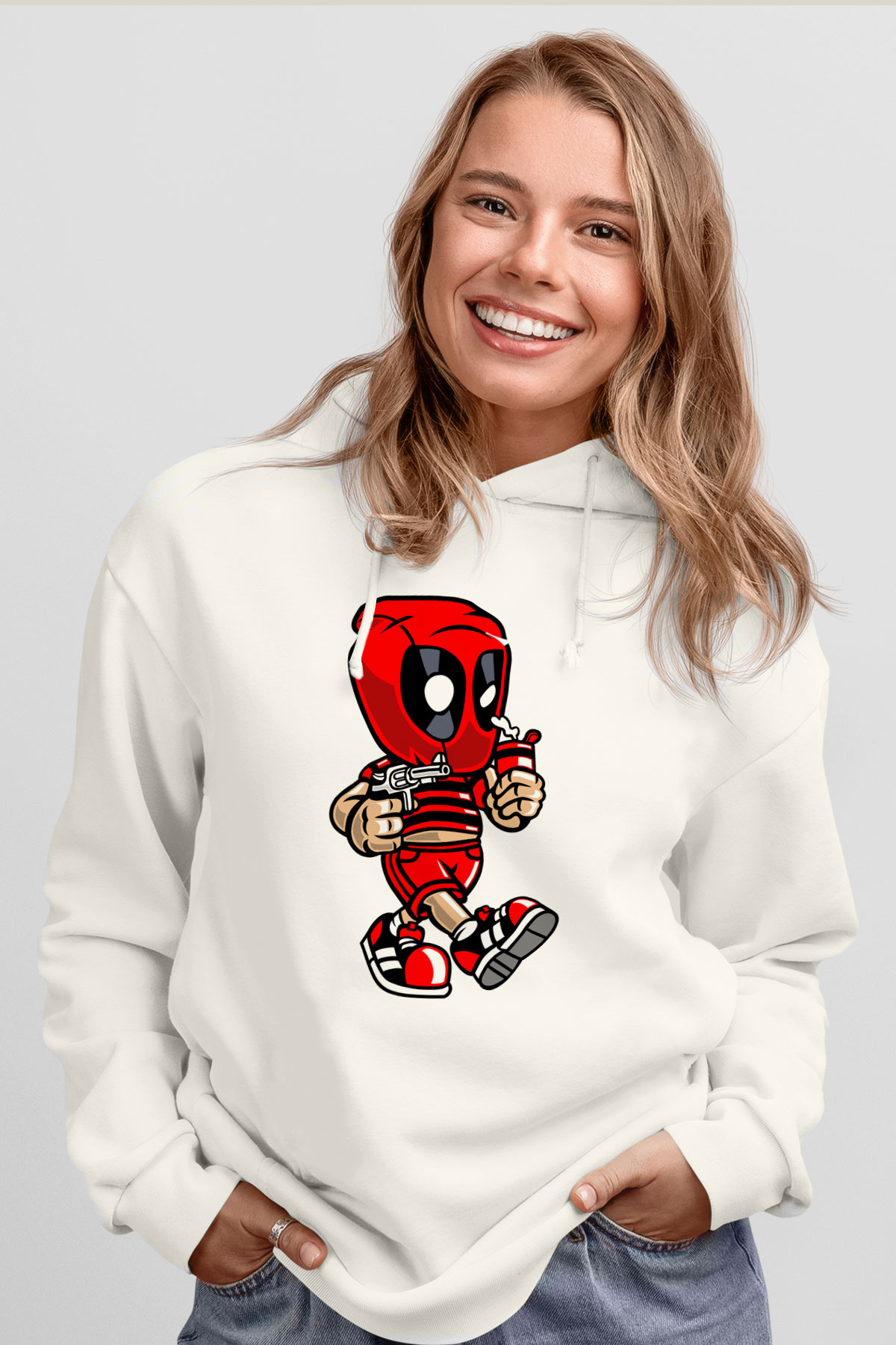 Deadpool Bastard Baskılı Unisex Beyaz Hoodie
