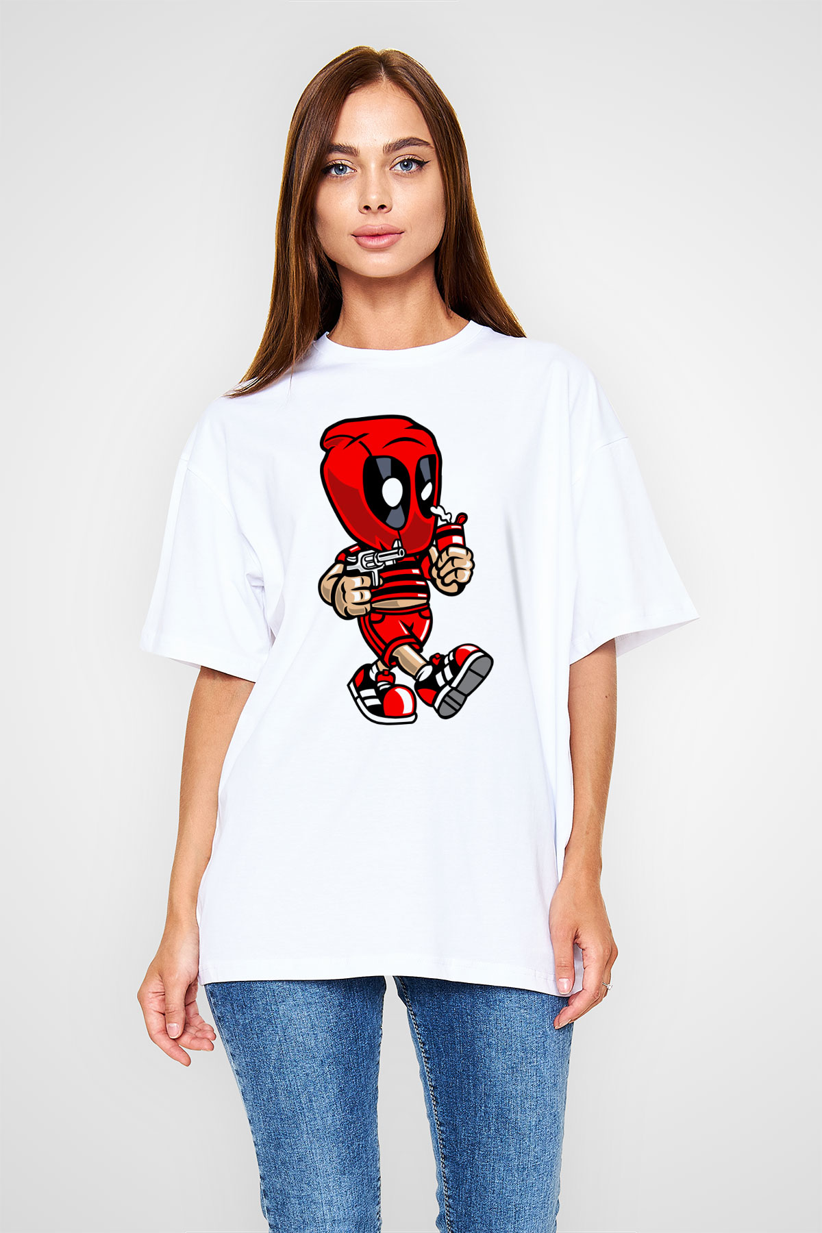 Deadpool Bastard Baskılı Unisex Beyaz Oversize Tişört