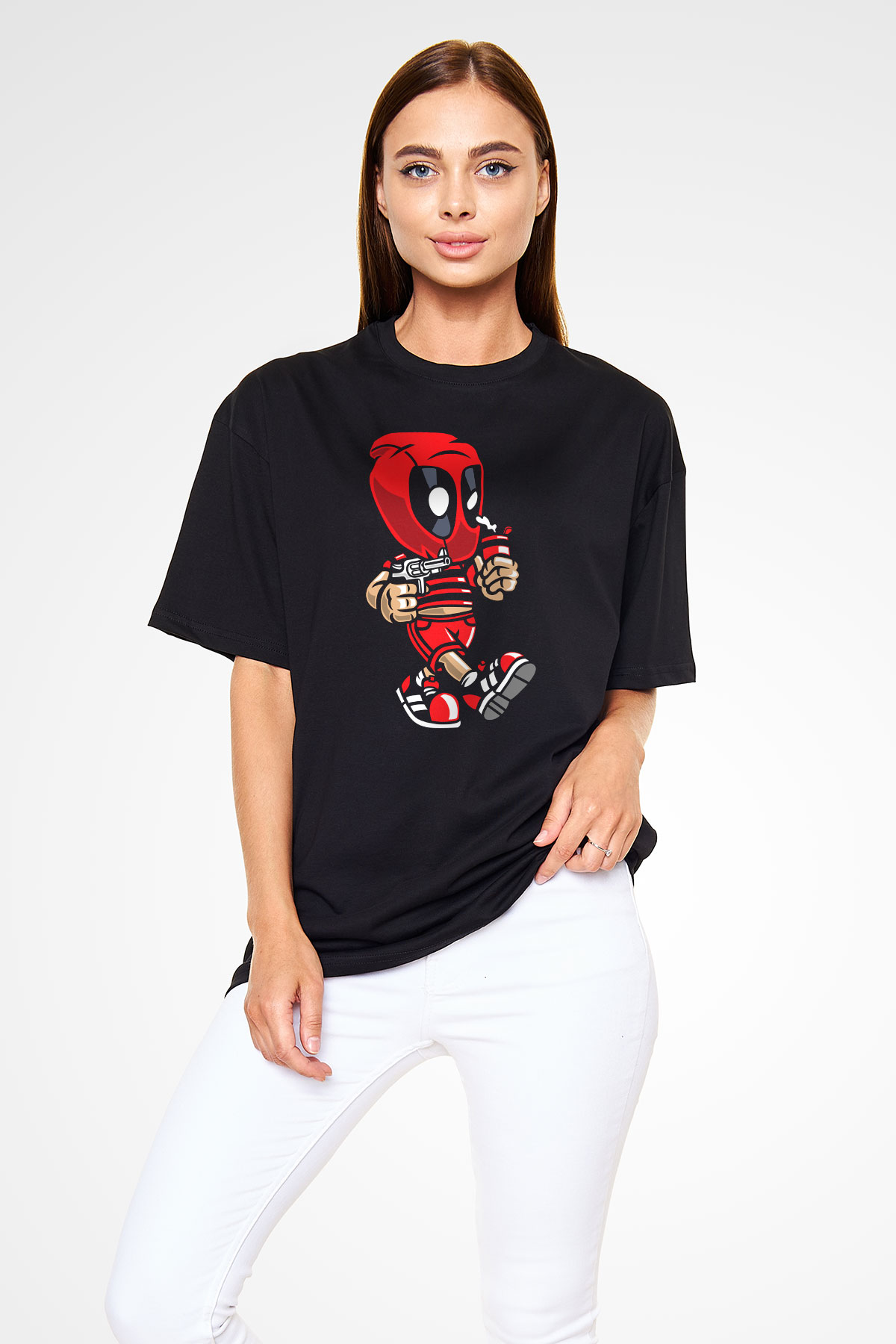 Deadpool Bastard Baskılı Unisex Siyah Oversize Tişört