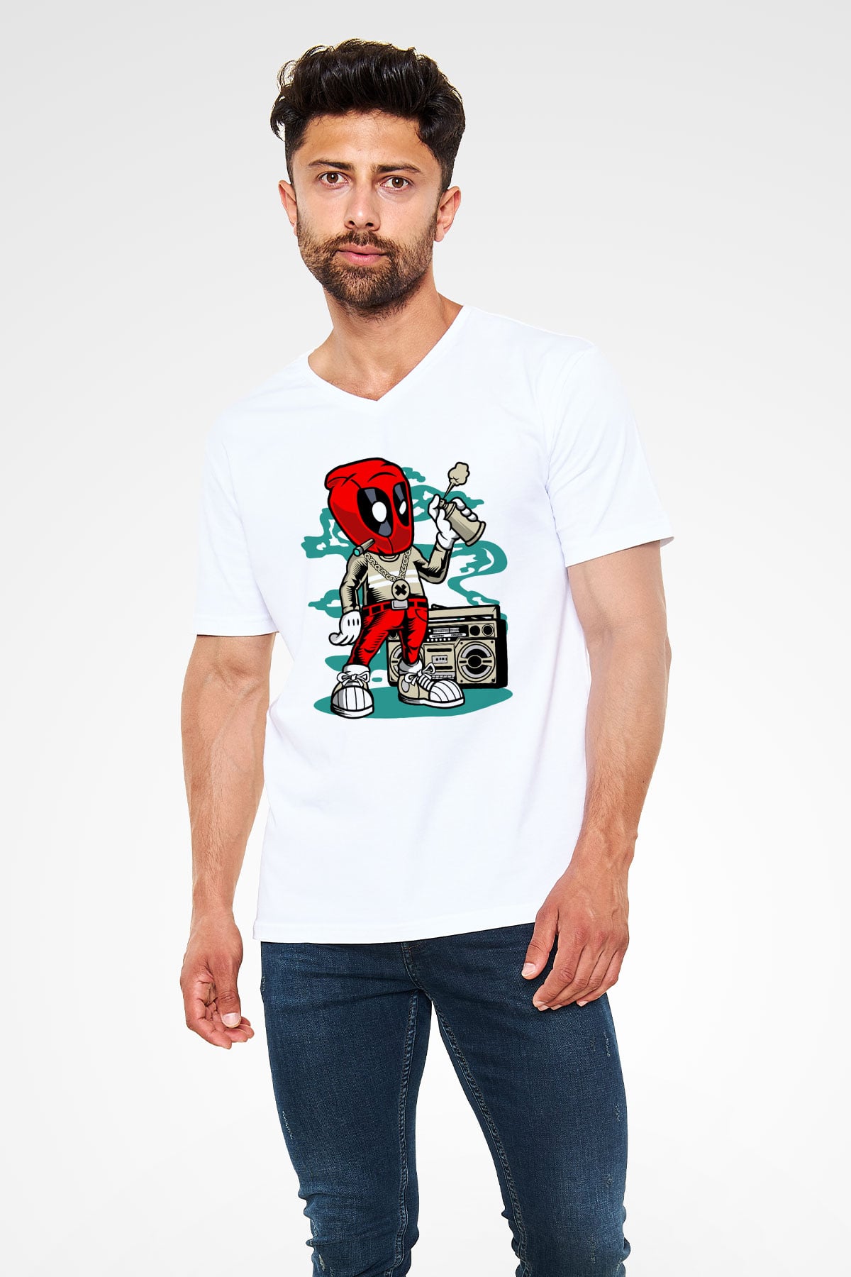 Deadpool Boombox Baskılı Unisex Beyaz V Yaka Tişört