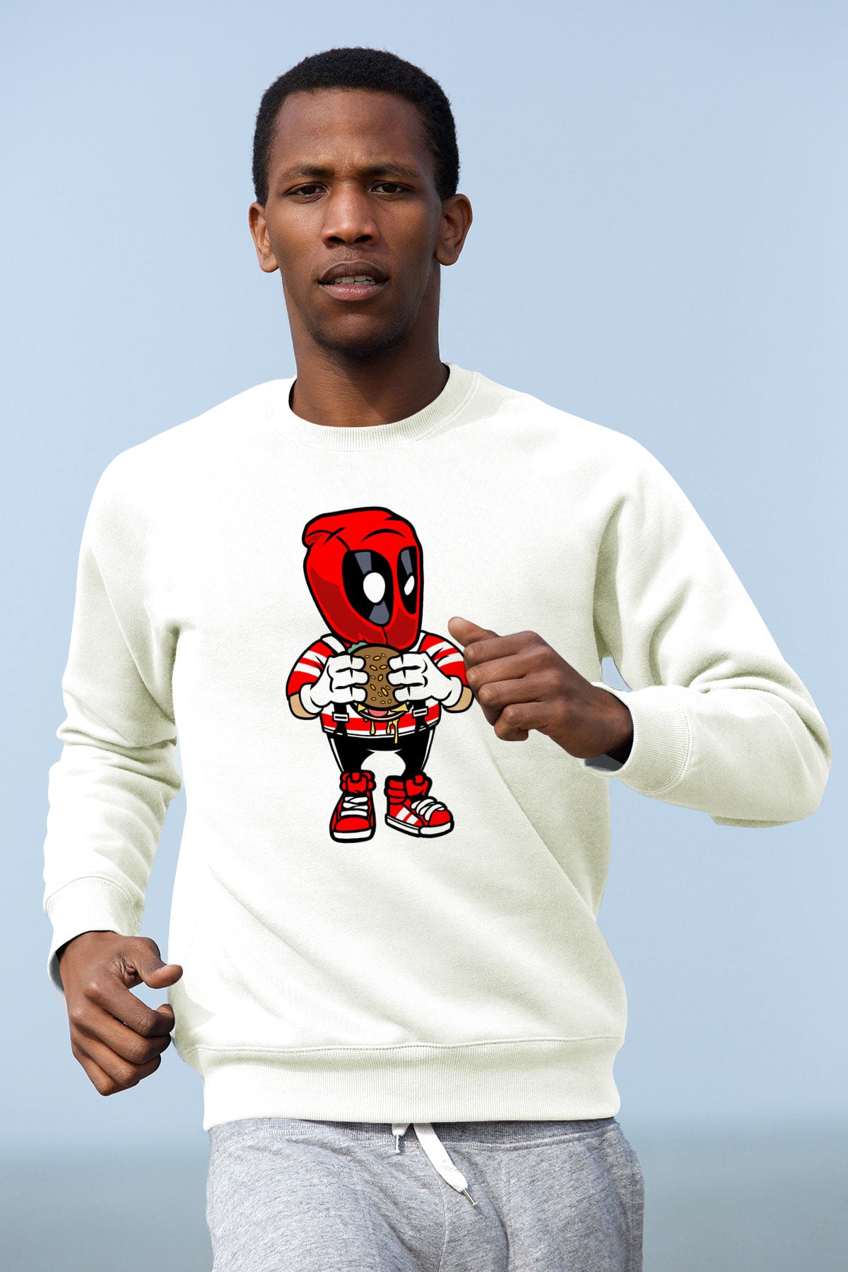 Deadpool Eat Burger Baskılı Unisex Beyaz Sweatshirt