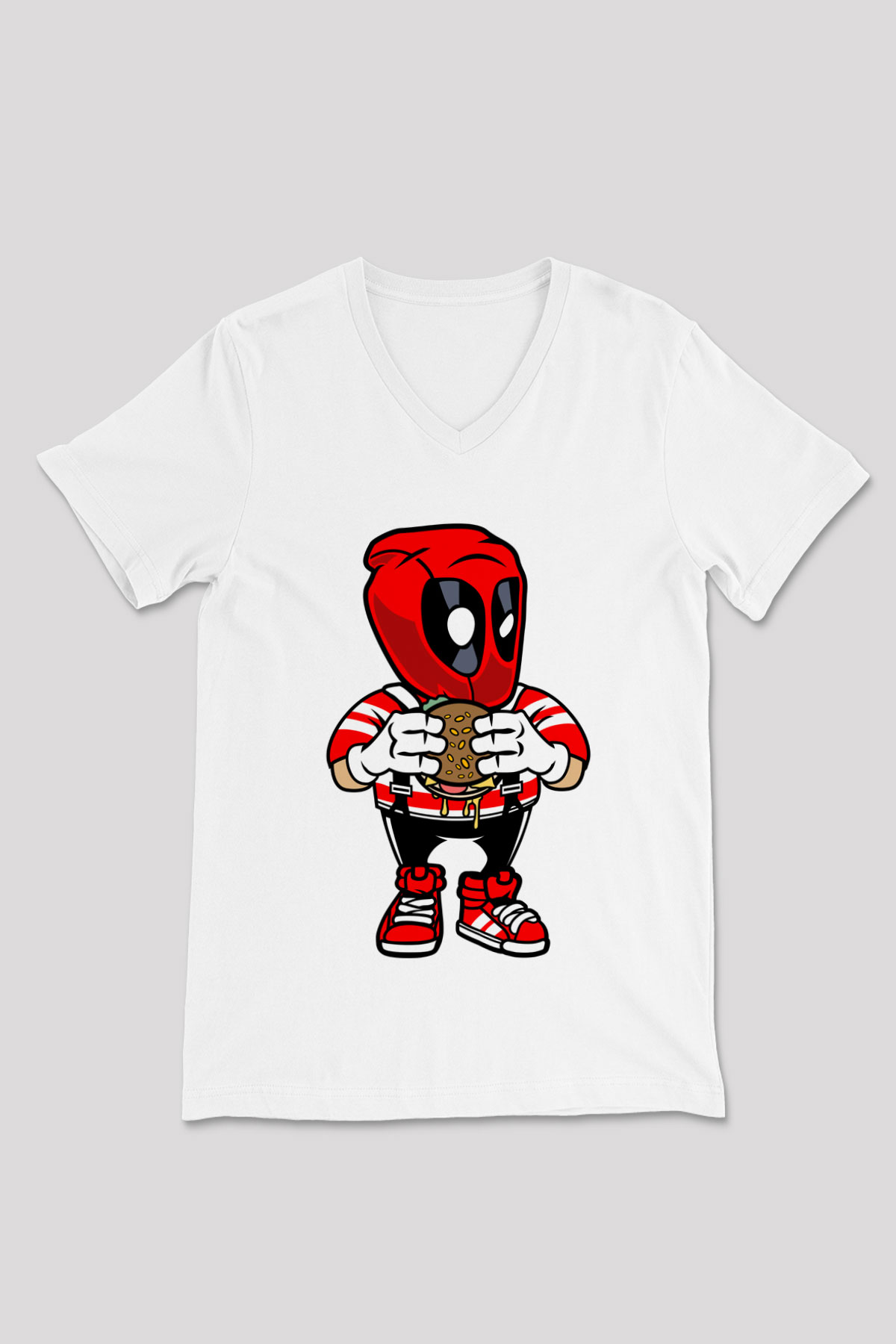 Deadpool Eat Burger Baskılı Unisex Beyaz V Yaka Tişört