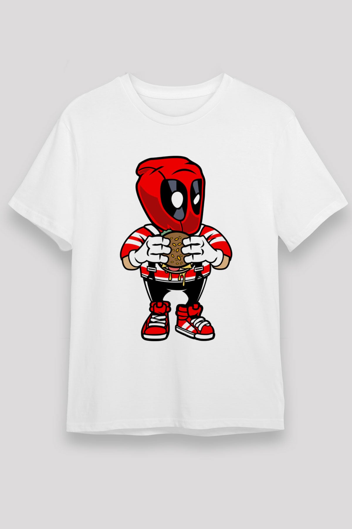 Deadpool Eat Burger Baskılı Unisex Beyaz Tişört