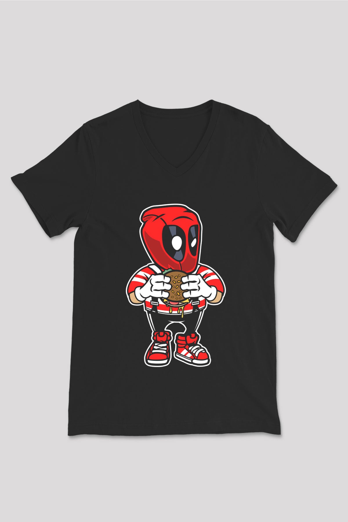 Deadpool Eat Burger Baskılı Unisex Siyah V Yaka Tişört