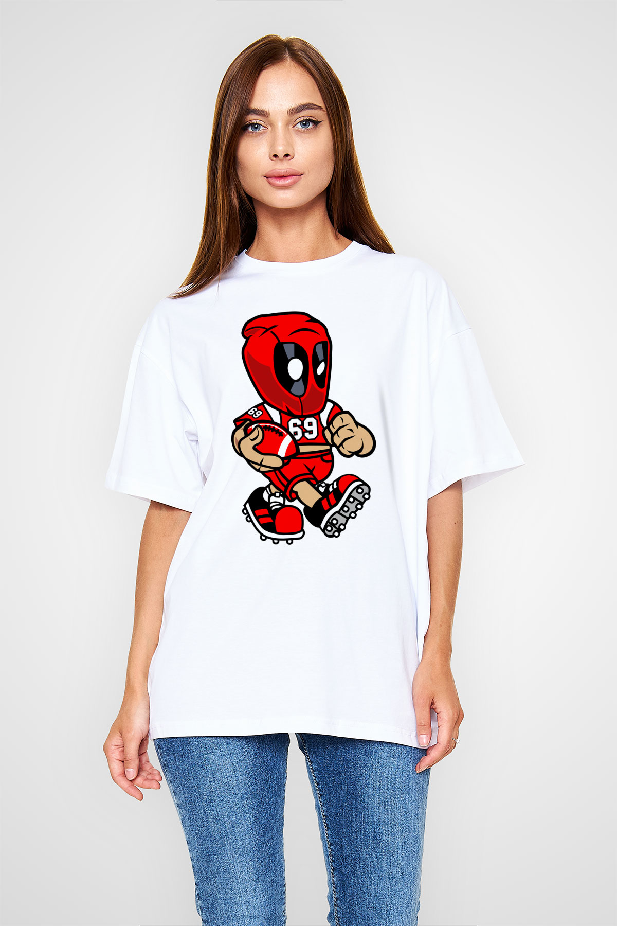 Deadpool Football Baskılı Unisex Beyaz Oversize Tişört