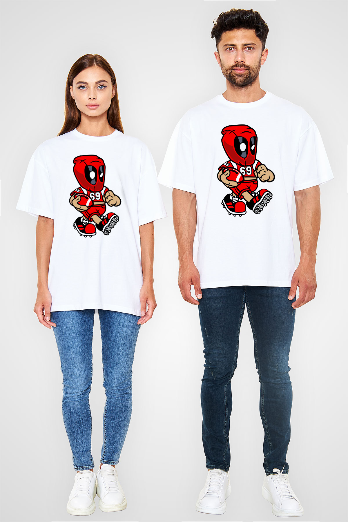 Deadpool Football Baskılı Unisex Beyaz Oversize Tişört