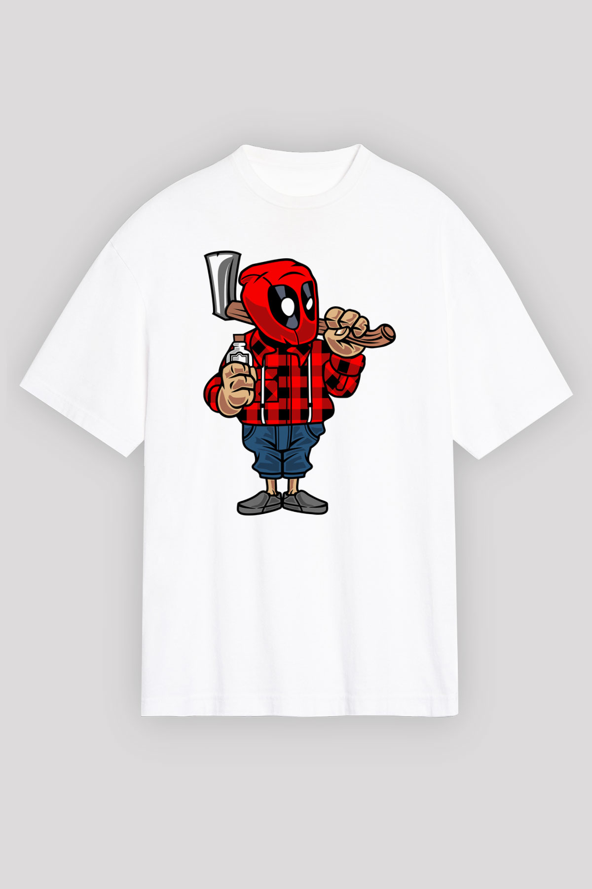 Deadpool Lumberjack Baskılı Unisex Beyaz Oversize Tişört