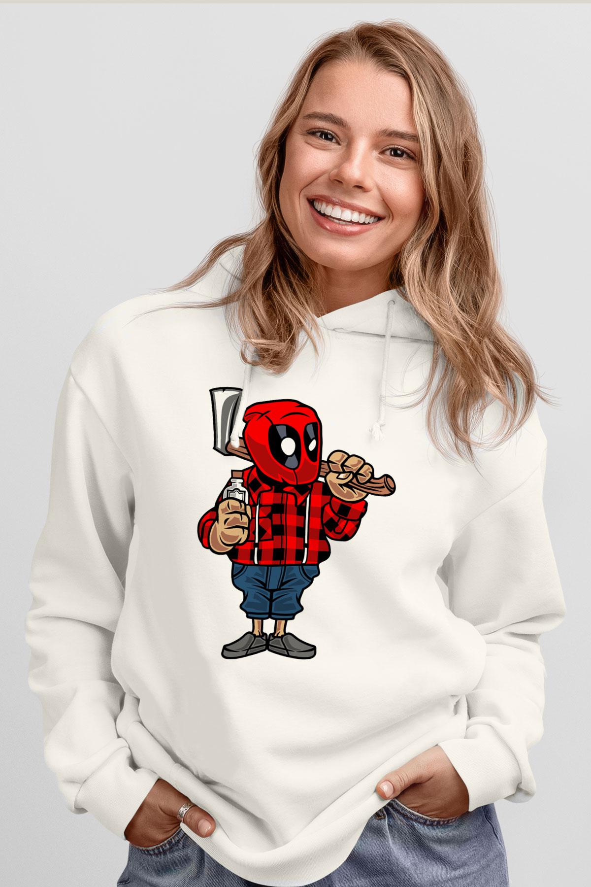 Deadpool Lumberjack Baskılı Unisex Beyaz Hoodie