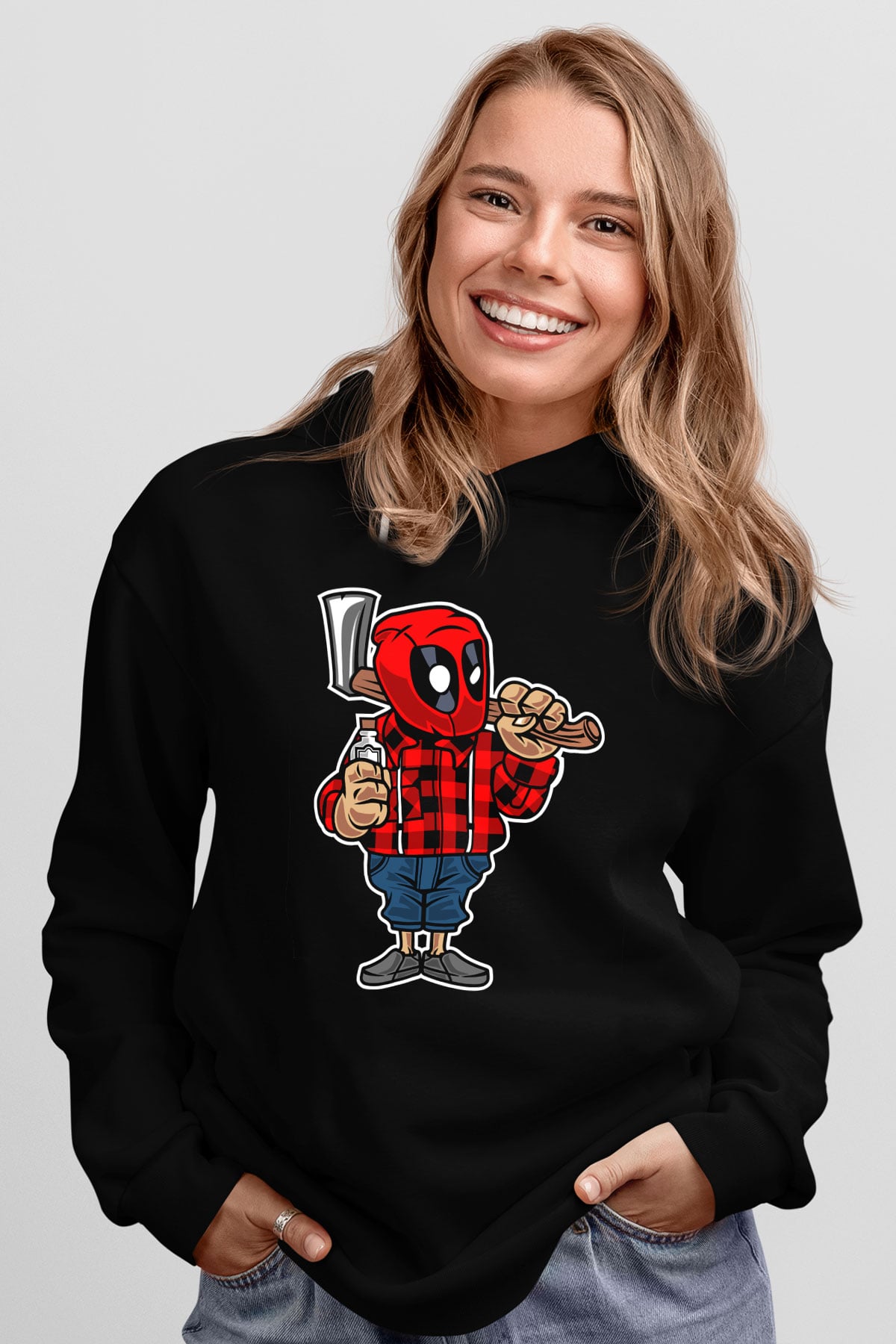 Deadpool Lumberjack Baskılı Unisex Siyah Hoodie