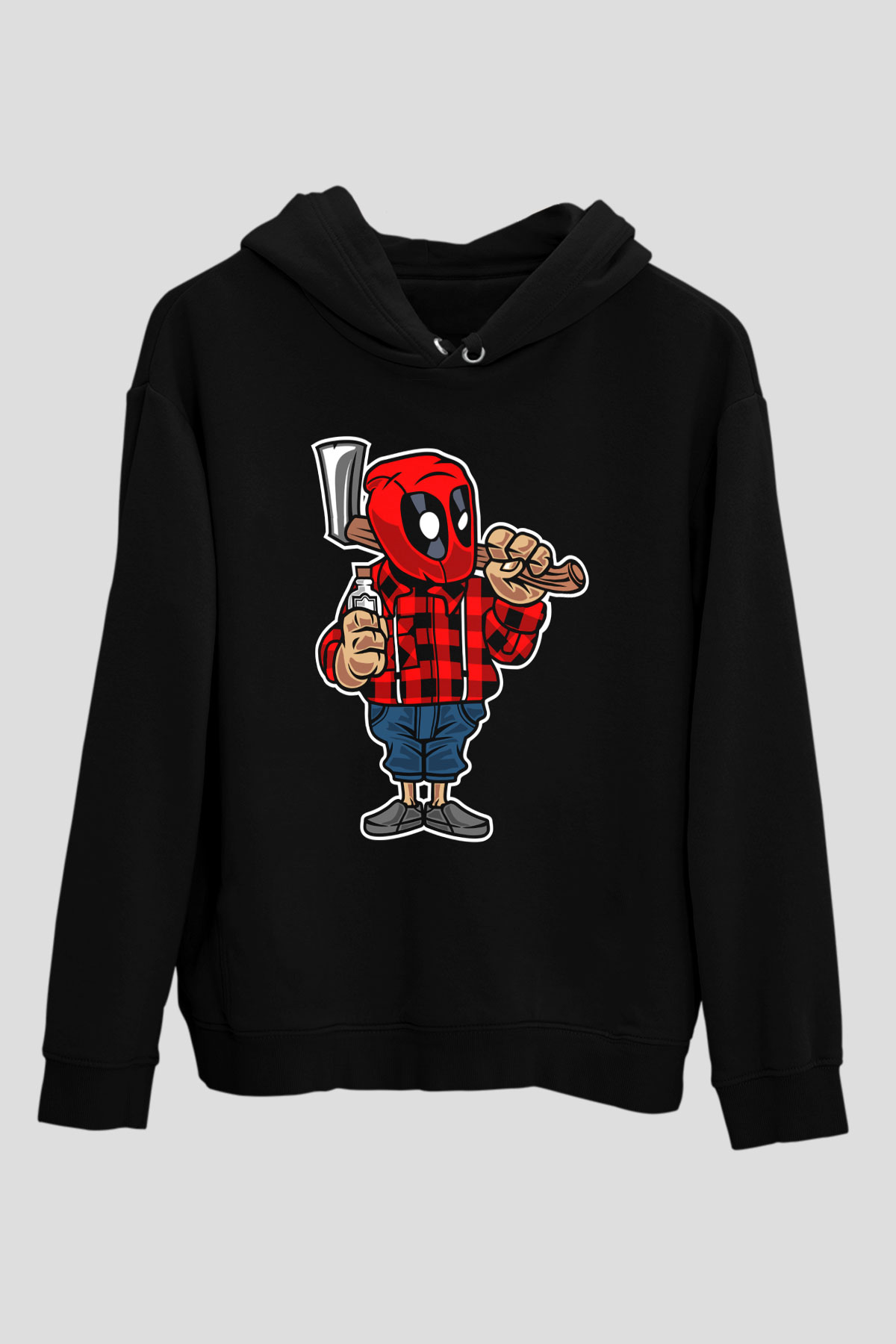 Deadpool Lumberjack Baskılı Unisex Siyah Hoodie