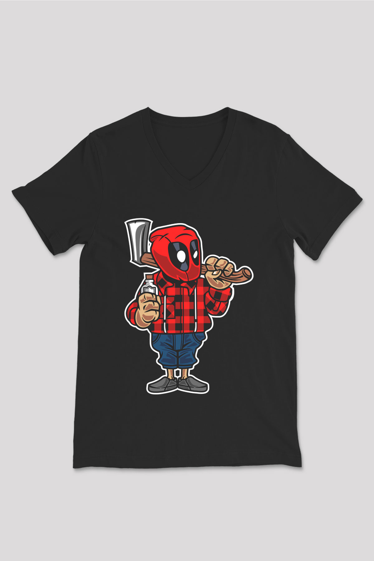 Deadpool Lumberjack Baskılı Unisex Siyah V Yaka Tişört