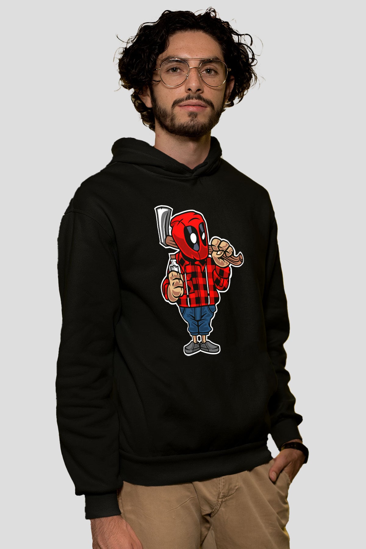 Deadpool Lumberjack Baskılı Unisex Siyah Hoodie