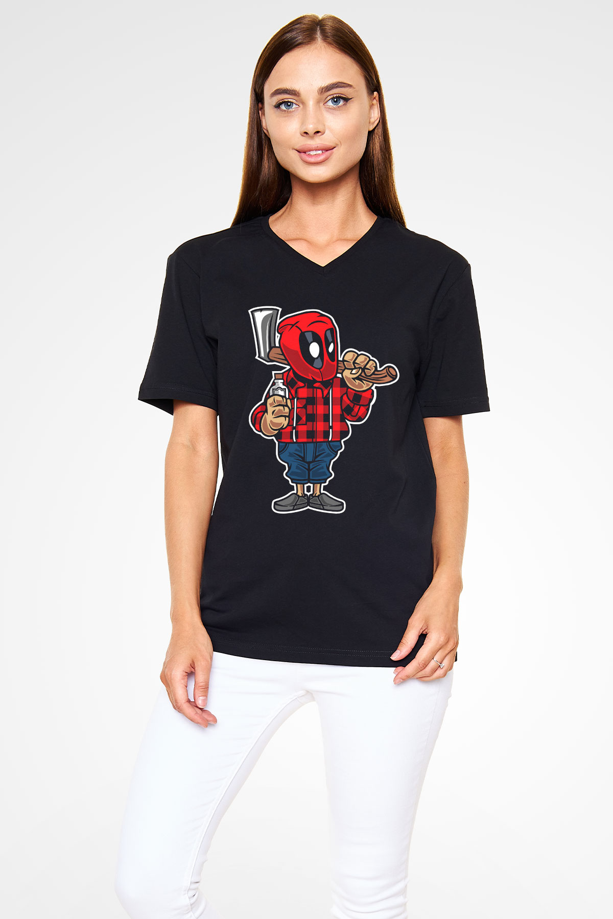 Deadpool Lumberjack Baskılı Unisex Siyah V Yaka Tişört