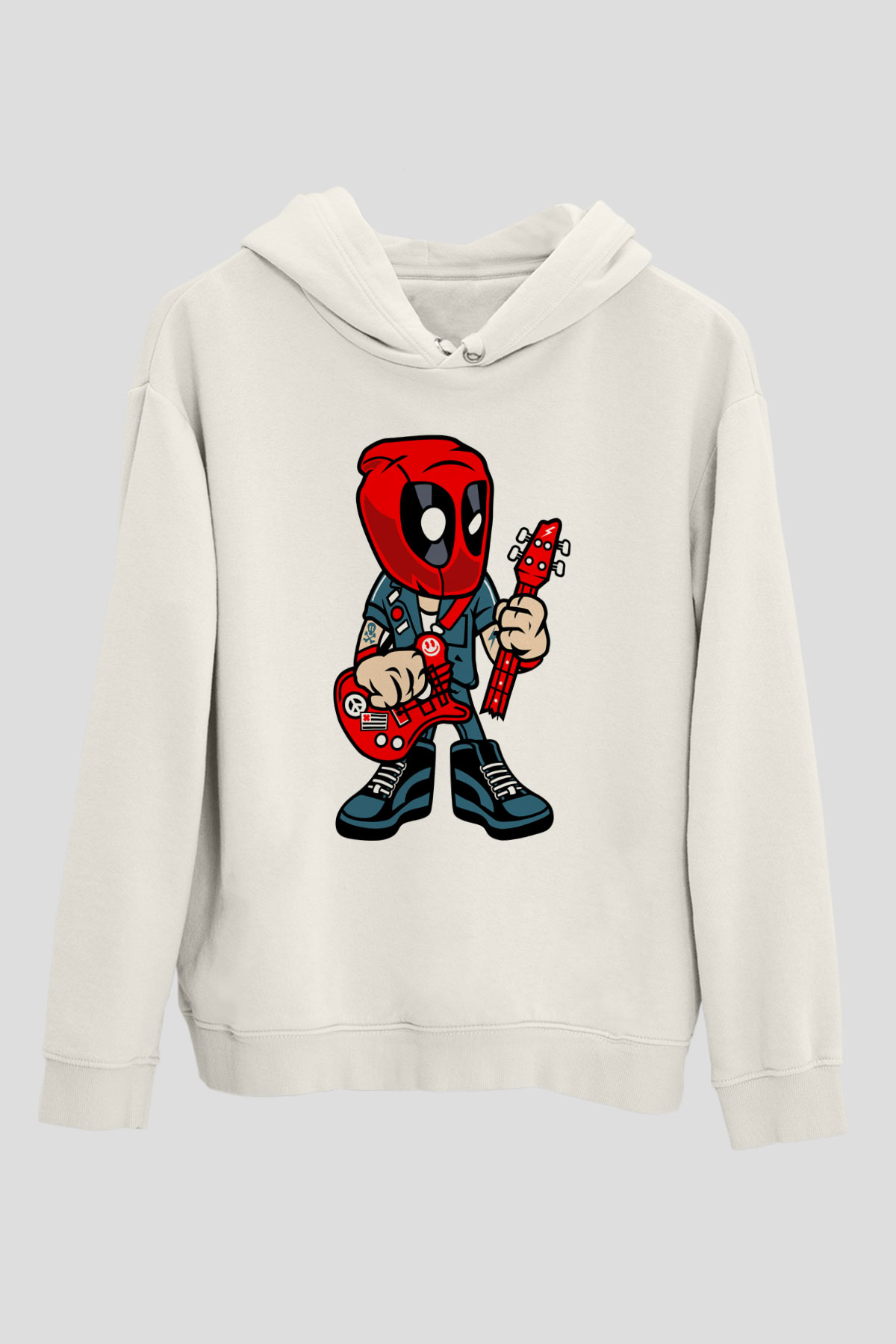 Deadpool Rocker Baskılı Unisex Beyaz Hoodie