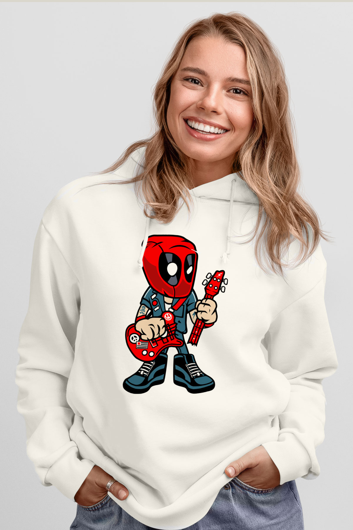 Deadpool Rocker Baskılı Unisex Beyaz Hoodie