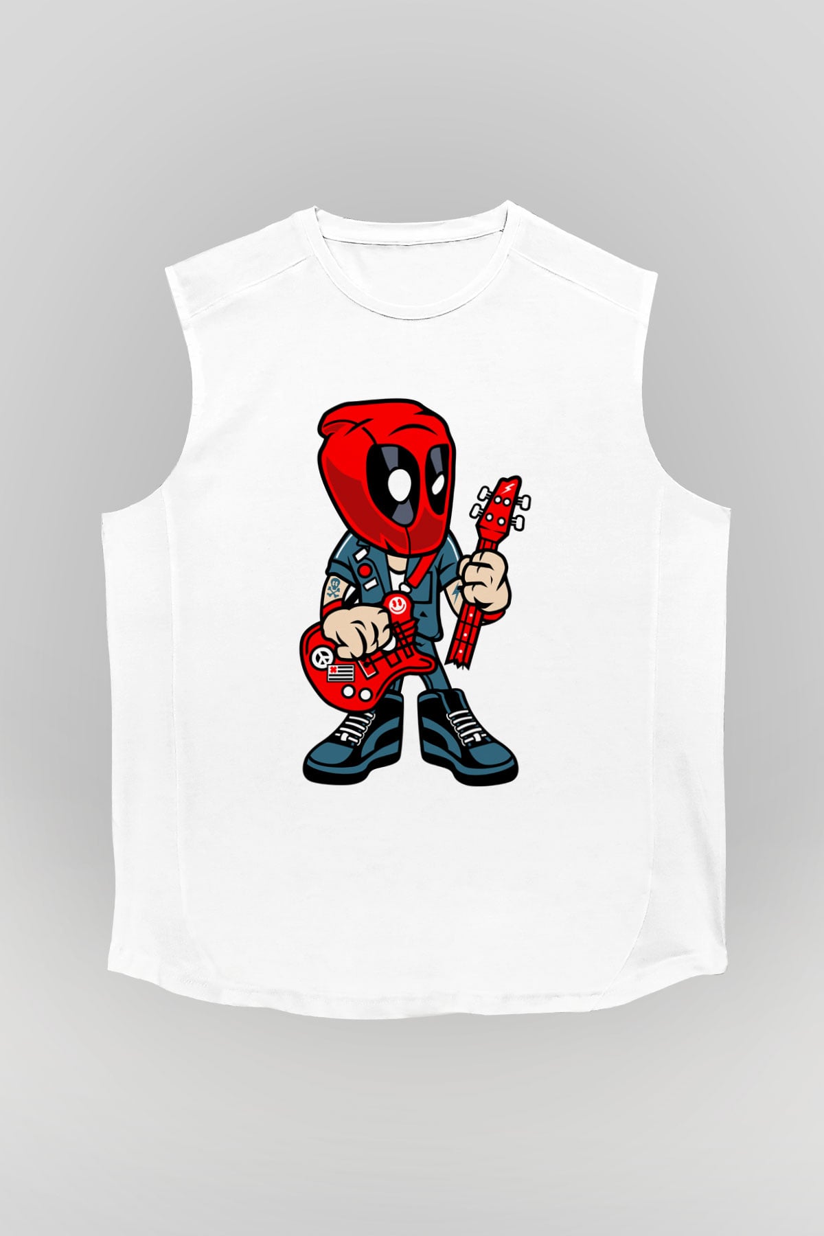 Deadpool Rocker Baskılı Unisex Beyaz Kolsuz Tişört
