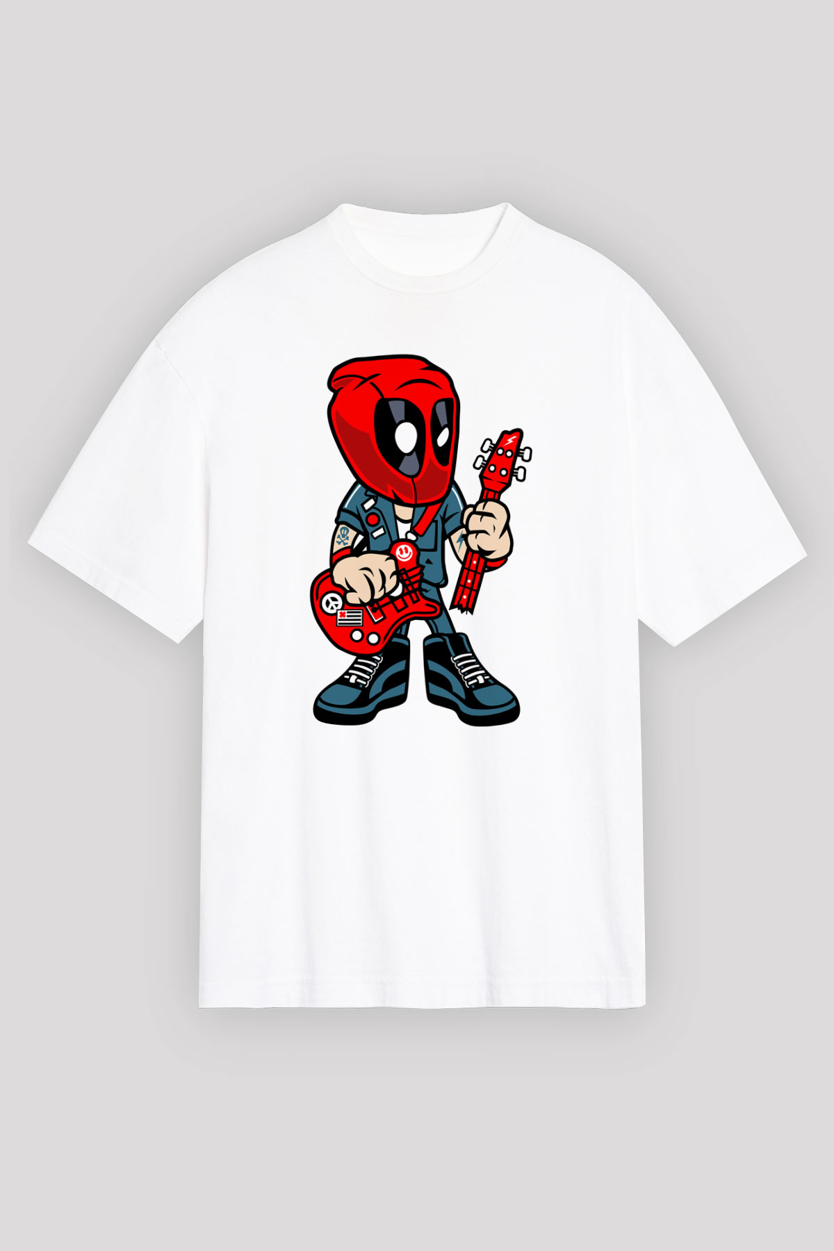 Deadpool Rocker Baskılı Unisex Beyaz Oversize Tişört