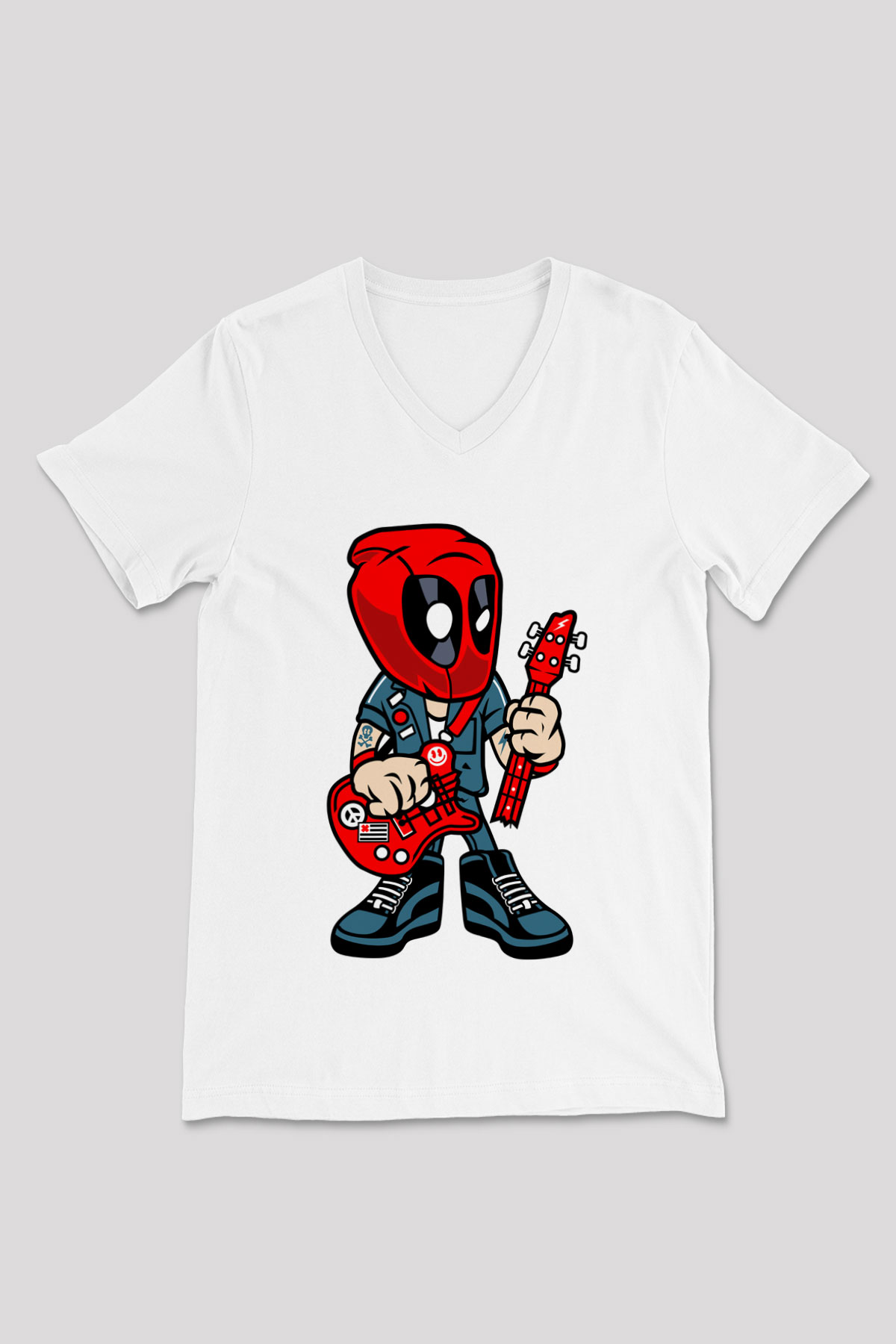 Deadpool Rocker Baskılı Unisex Beyaz V Yaka Tişört