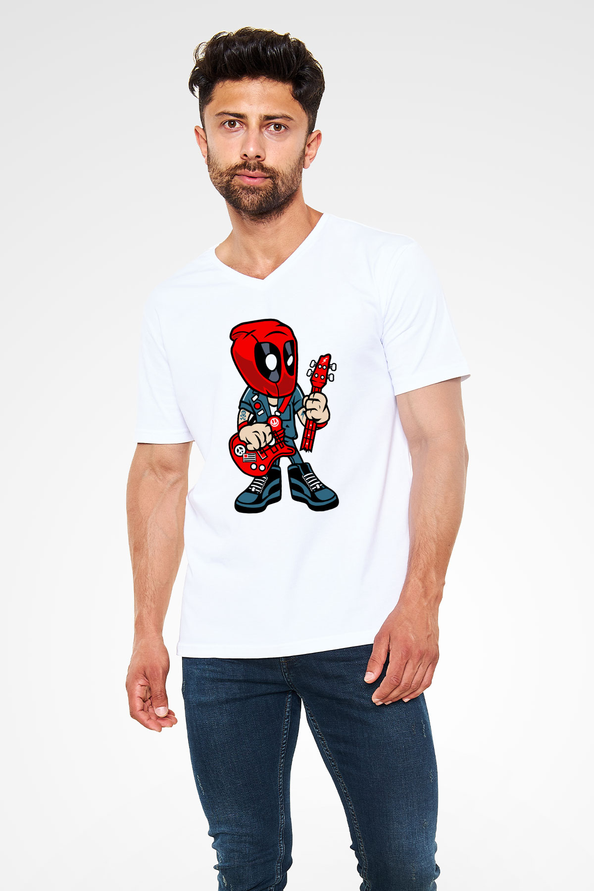 Deadpool Rocker Baskılı Unisex Beyaz V Yaka Tişört