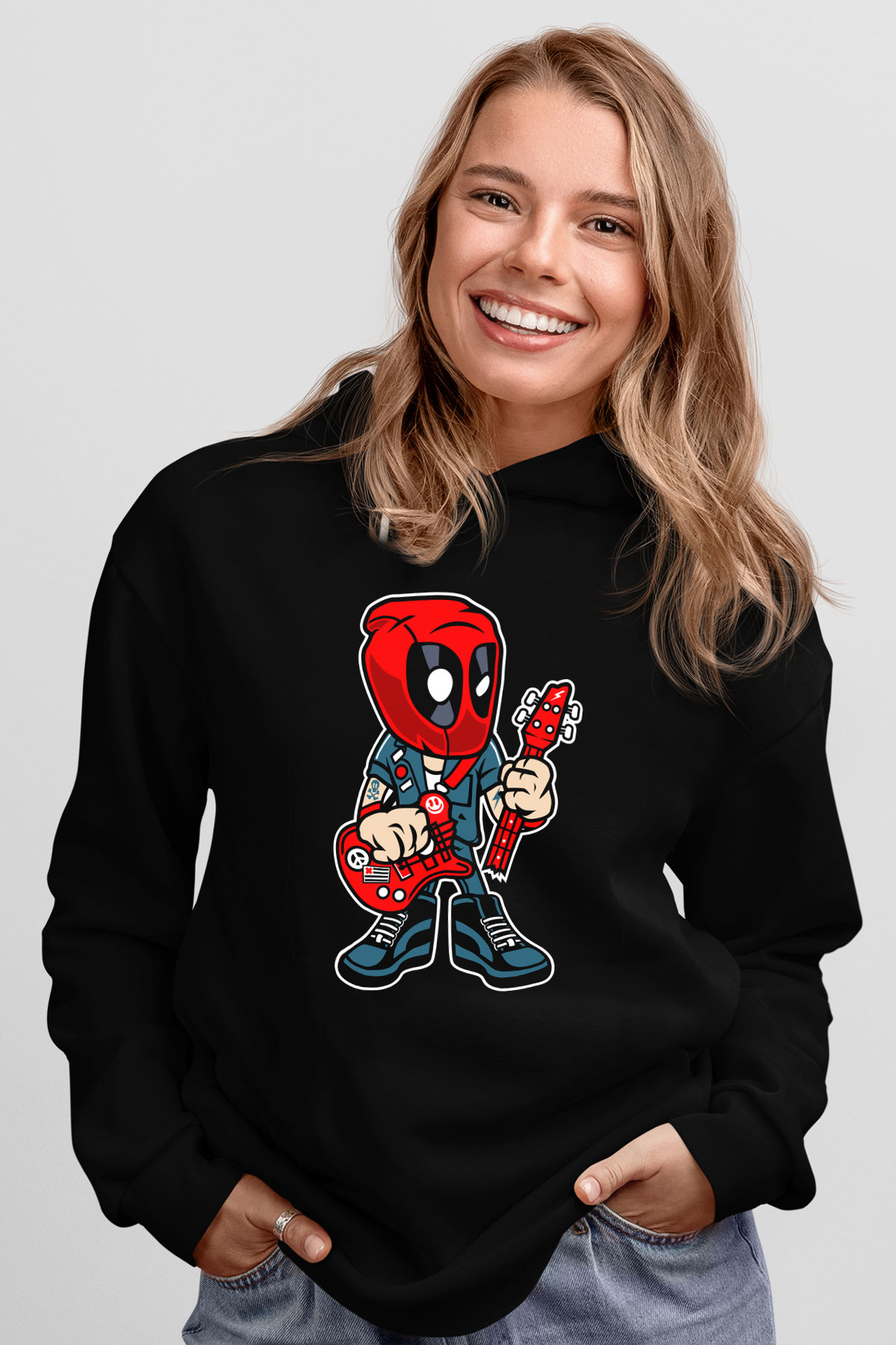 Deadpool Rocker Baskılı Unisex Siyah Hoodie