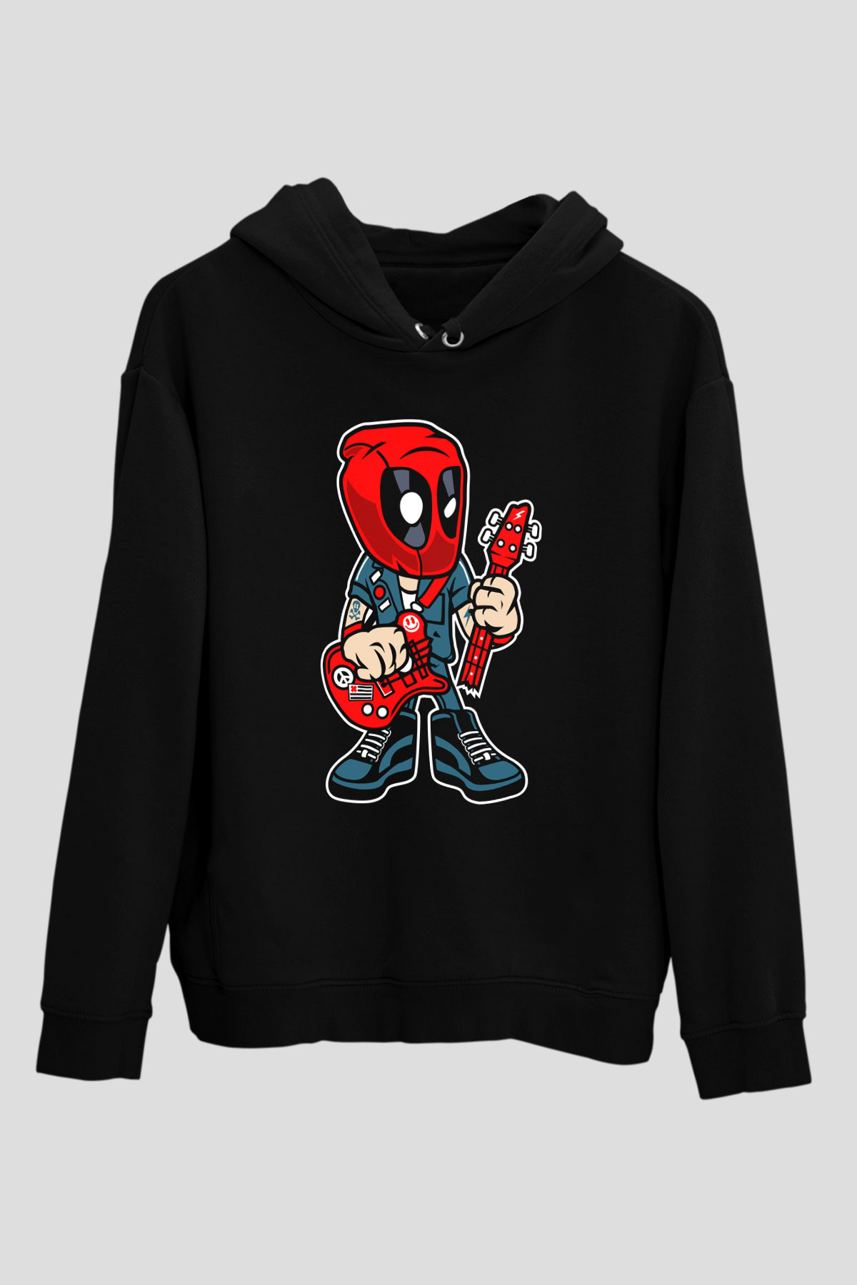 Deadpool Rocker Baskılı Unisex Siyah Hoodie