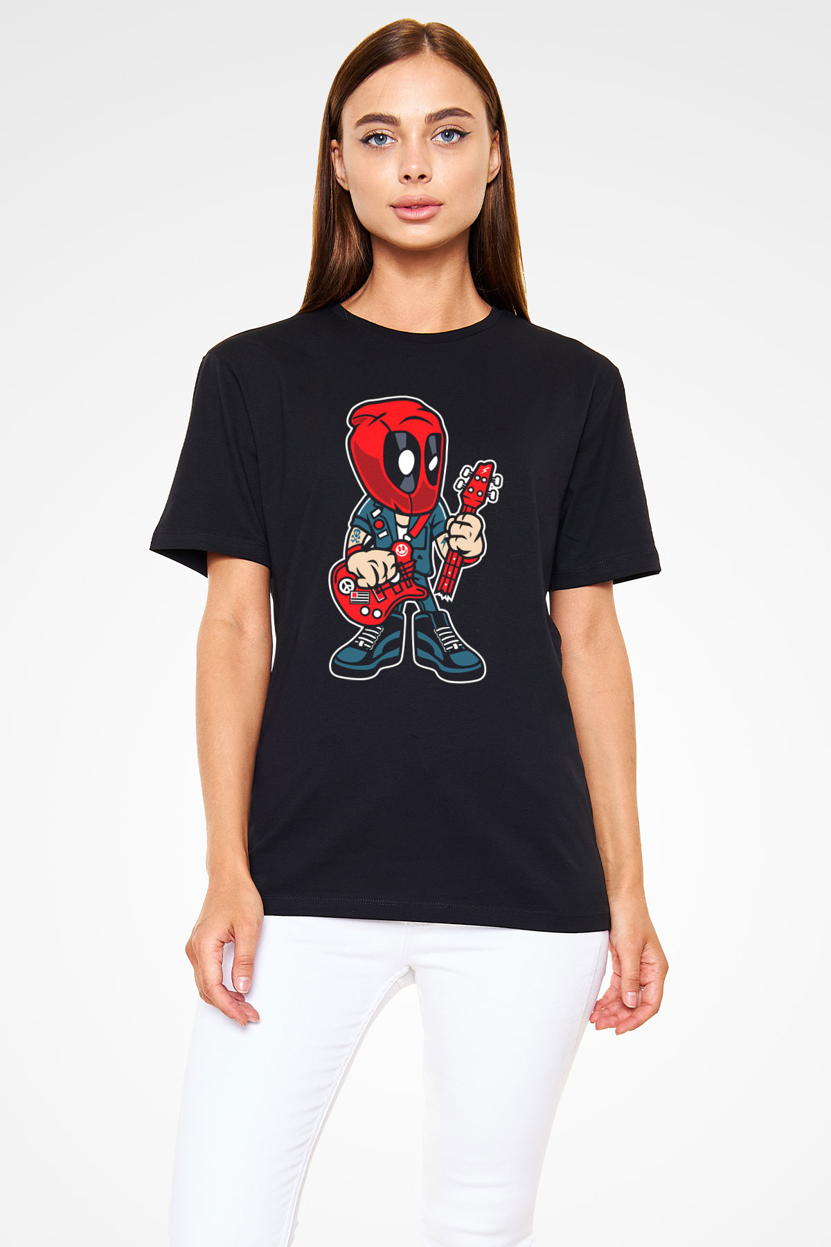 Deadpool Rocker Baskılı Unisex Siyah Tişört