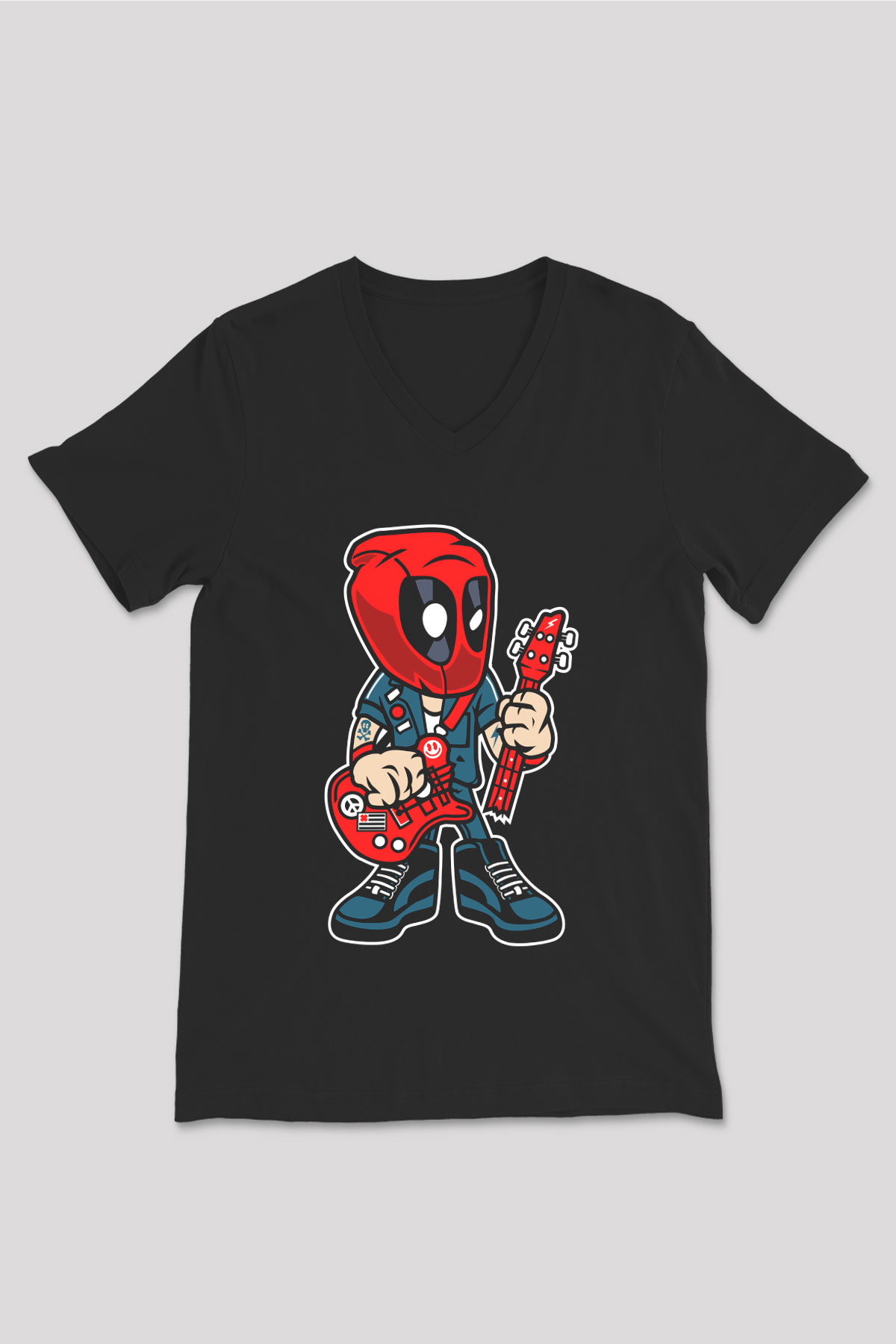 Deadpool Rocker Baskılı Unisex Siyah V Yaka Tişört