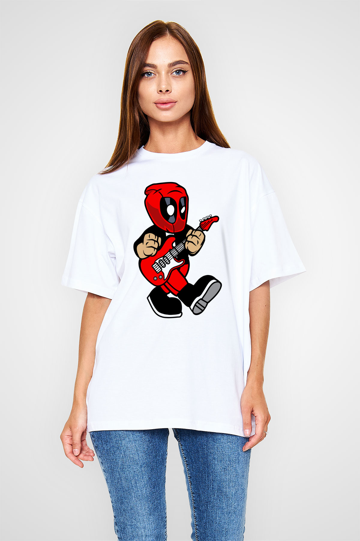 Deadpool Rockstar Baskılı Unisex Beyaz Oversize Tişört