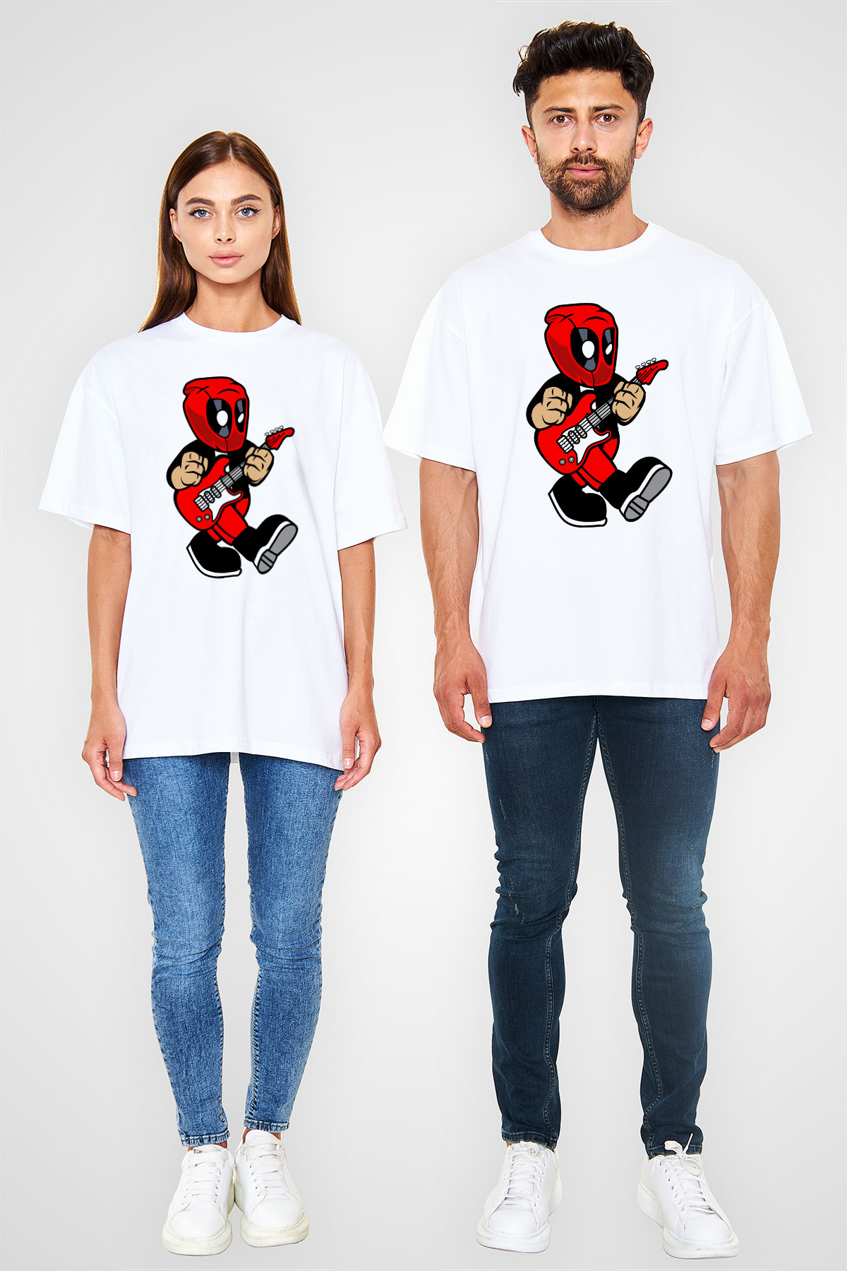 Deadpool Rockstar Baskılı Unisex Beyaz Oversize Tişört