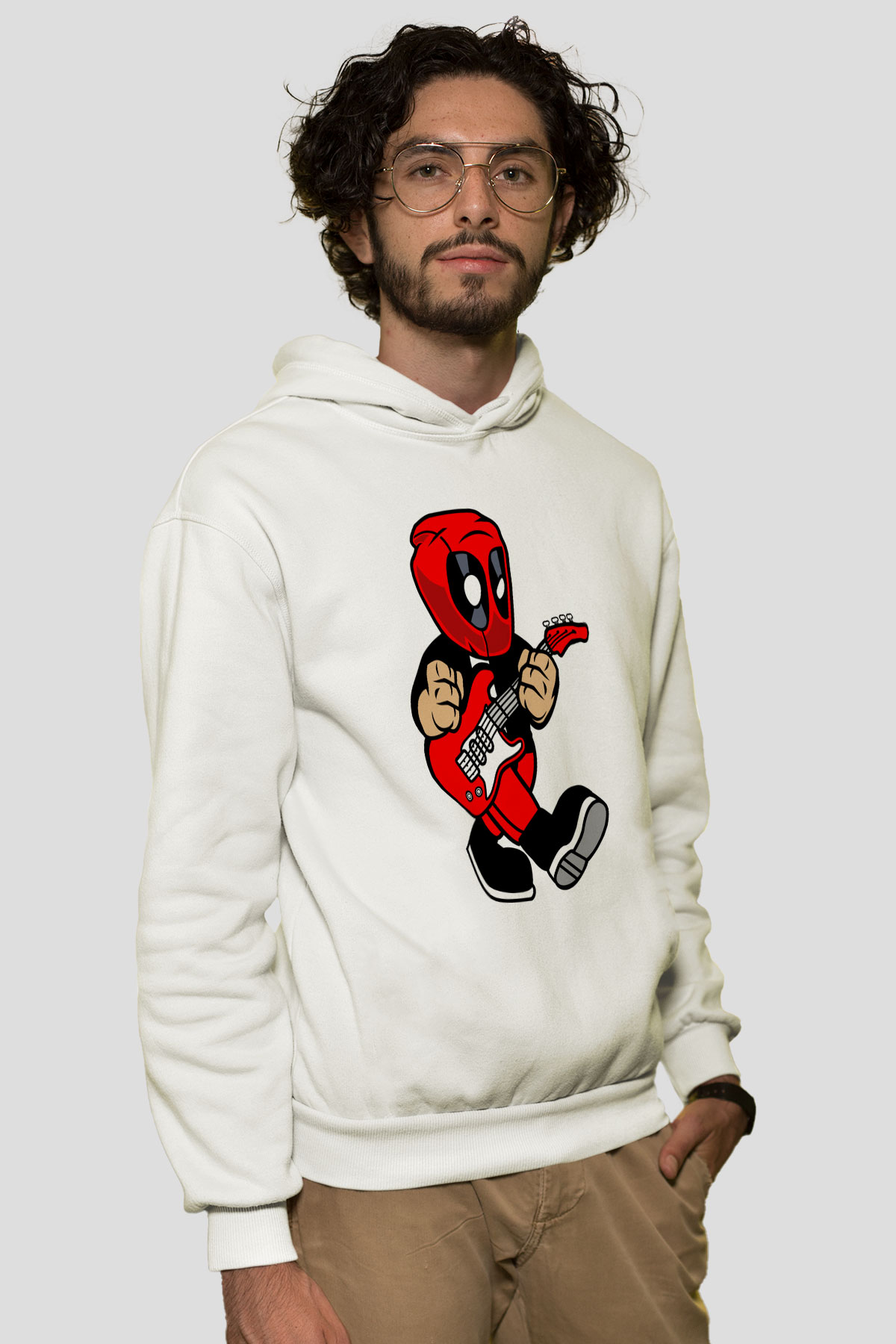 Deadpool Rockstar Baskılı Unisex Beyaz Hoodie
