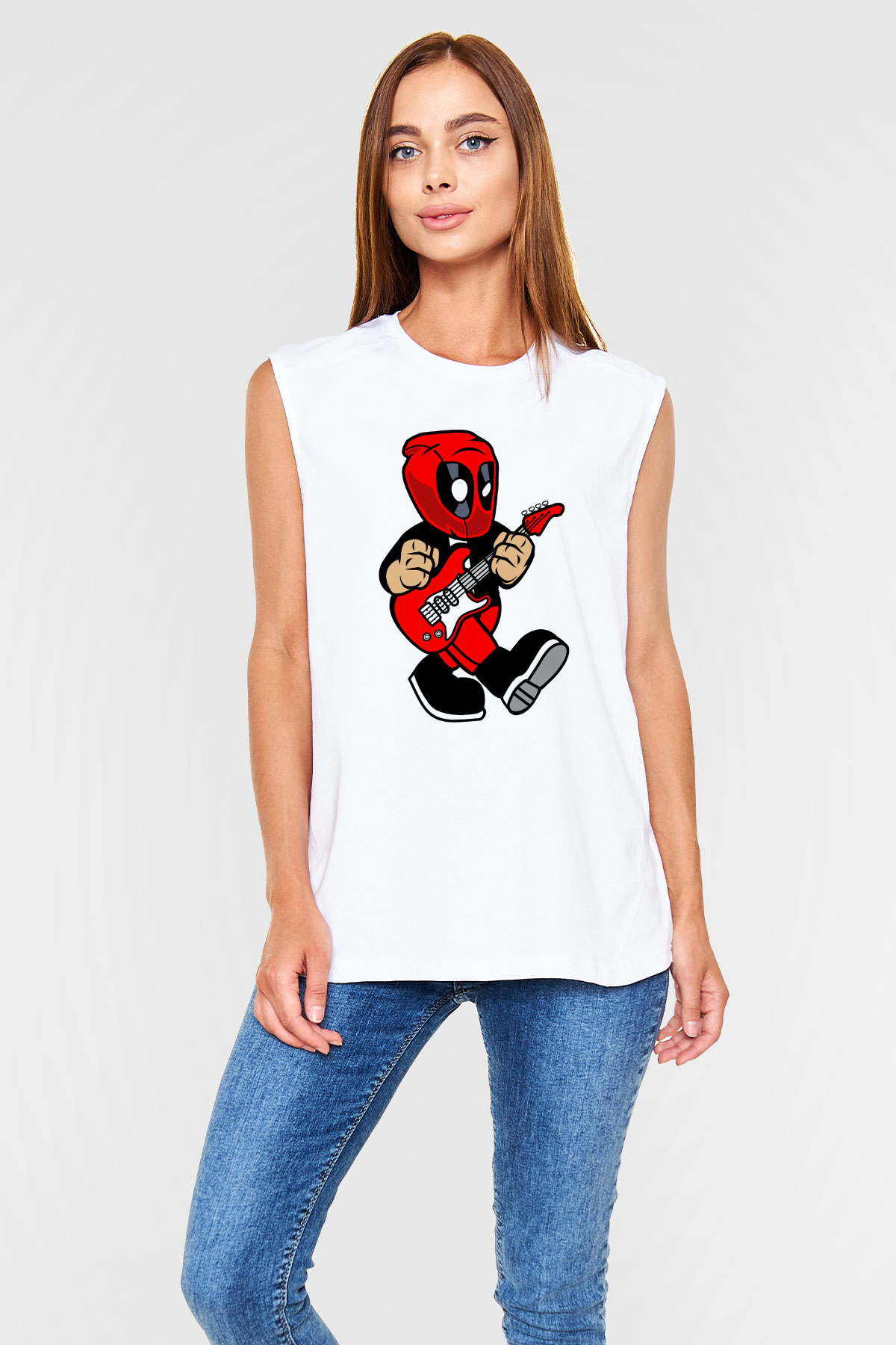 Deadpool Rockstar Baskılı Unisex Beyaz Kolsuz Tişört