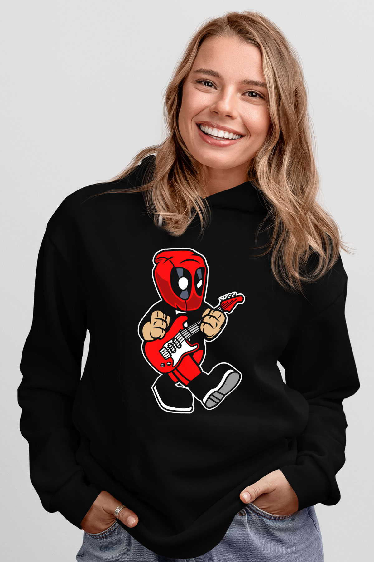 Deadpool Rockstar Baskılı Unisex Siyah Hoodie