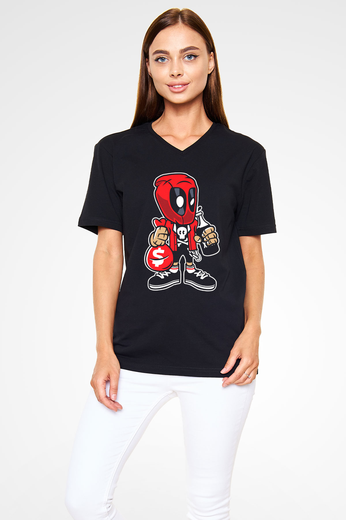 Deadpool Street Bastard Baskılı Unisex Siyah V Yaka Tişört