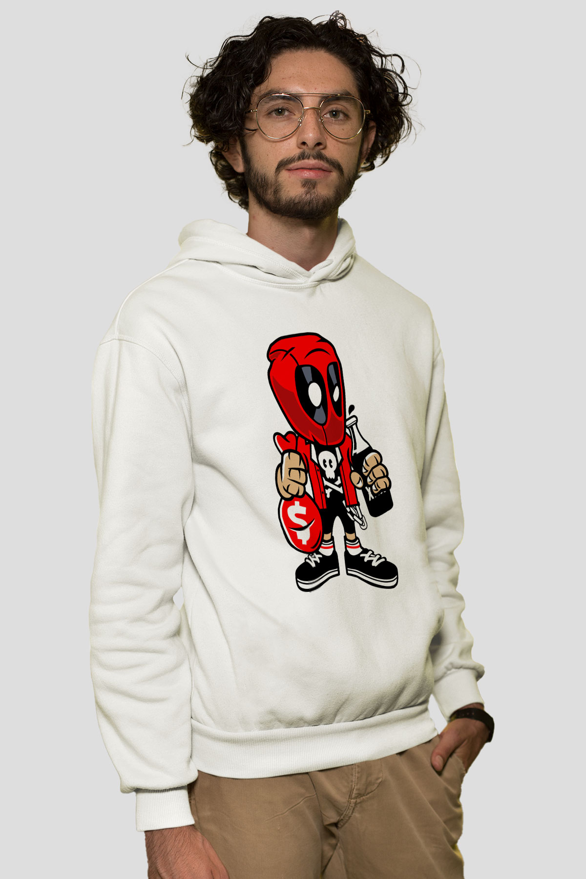 Deadpool Street Bastard Baskılı Unisex Beyaz Hoodie