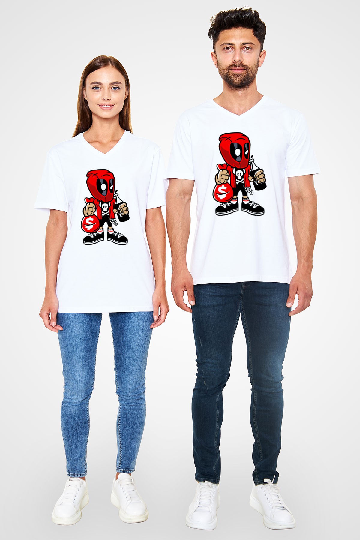 Deadpool Street Bastard Baskılı Unisex Beyaz V Yaka Tişört