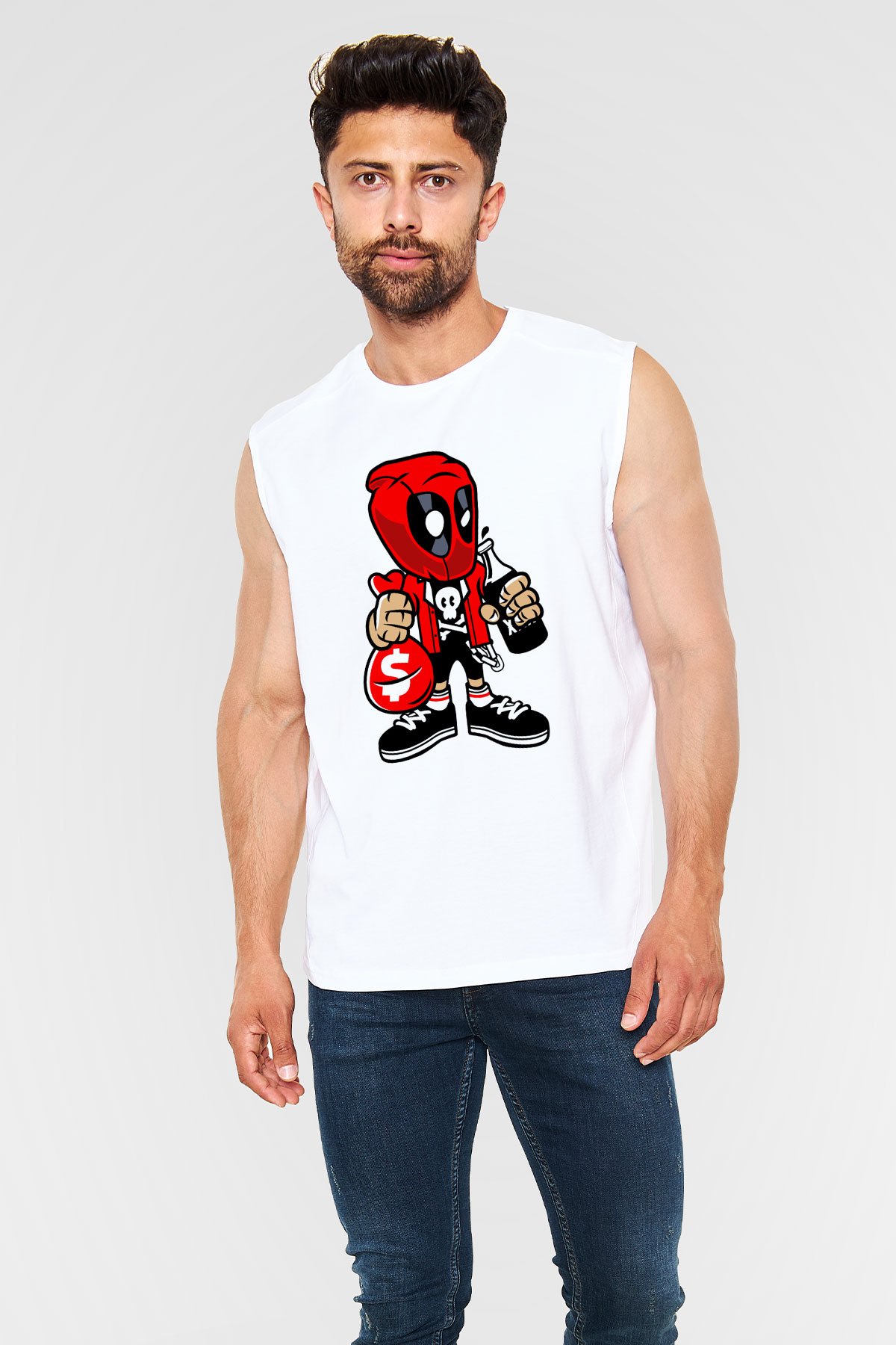 Deadpool Street Bastard Baskılı Unisex Beyaz Kolsuz Tişört
