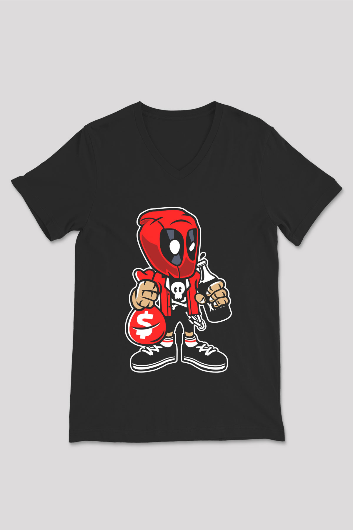 Deadpool Street Bastard Baskılı Unisex Siyah V Yaka Tişört