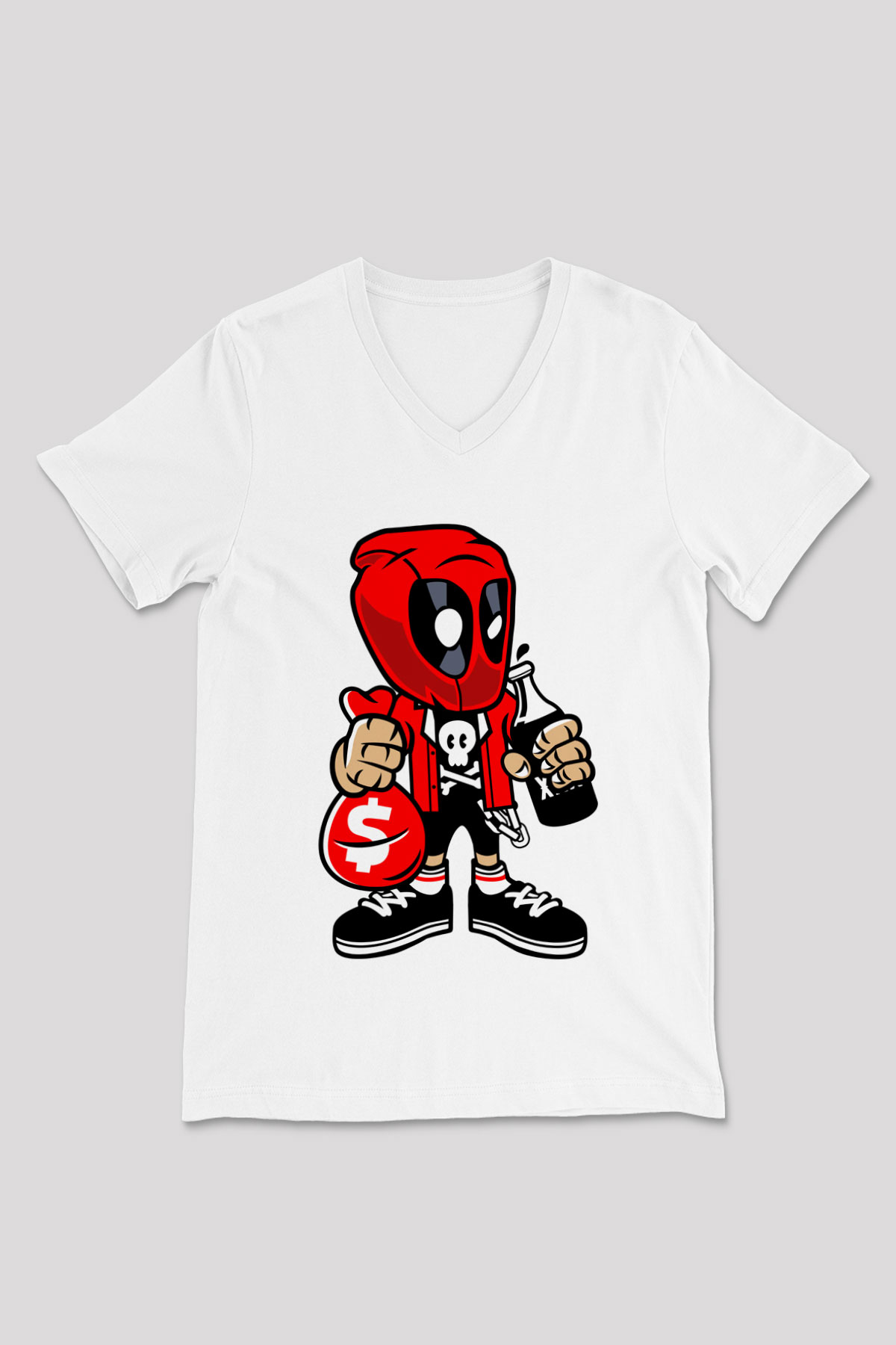 Deadpool Street Bastard Baskılı Unisex Beyaz V Yaka Tişört