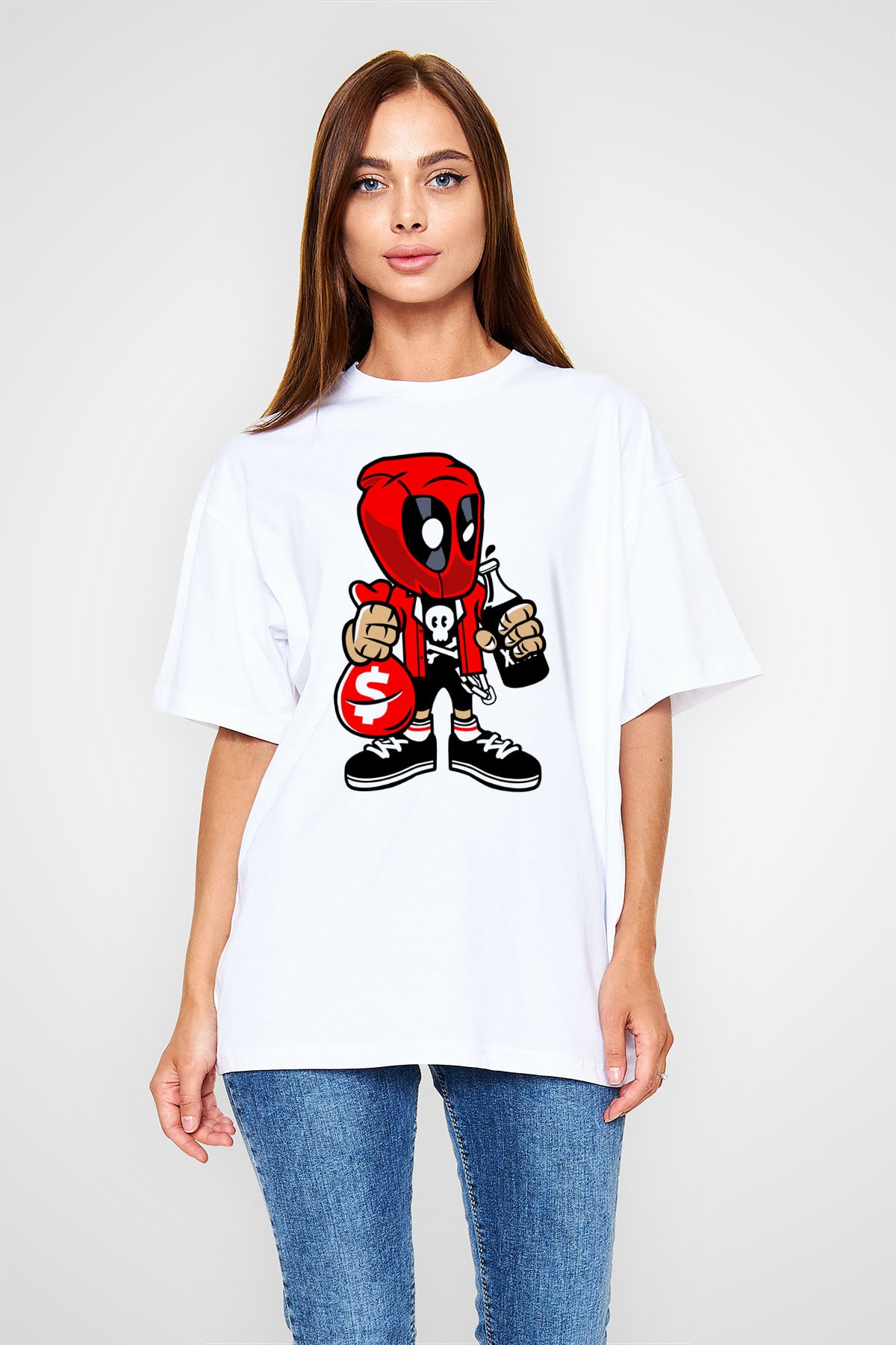 Deadpool Street Bastard Baskılı Unisex Beyaz Oversize Tişört