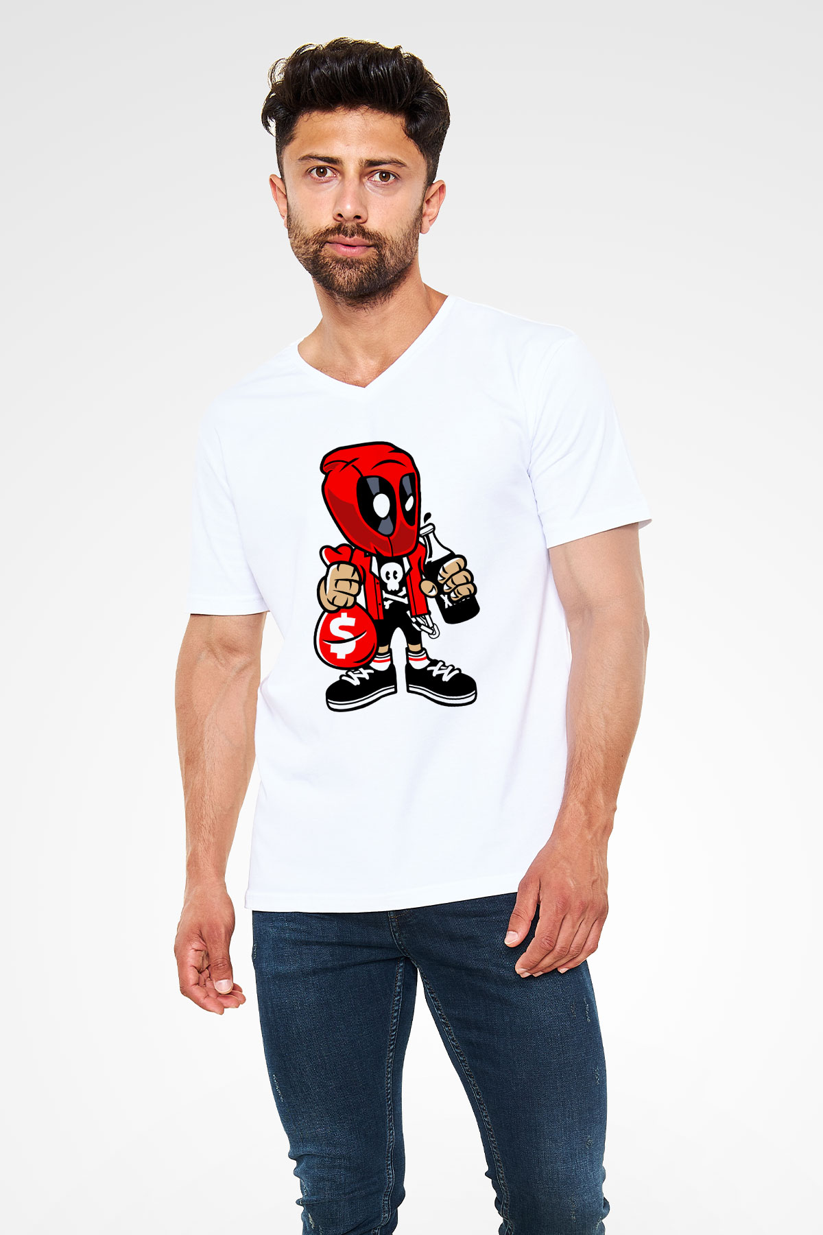 Deadpool Street Bastard Baskılı Unisex Beyaz V Yaka Tişört