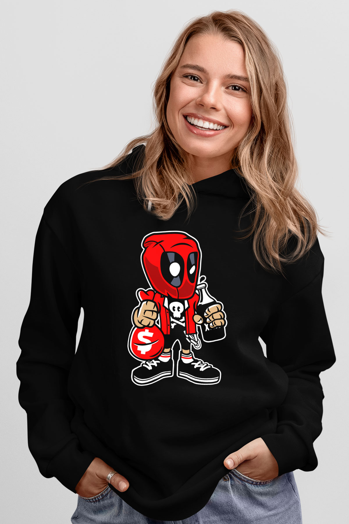 Deadpool Street Bastard Baskılı Unisex Siyah Hoodie