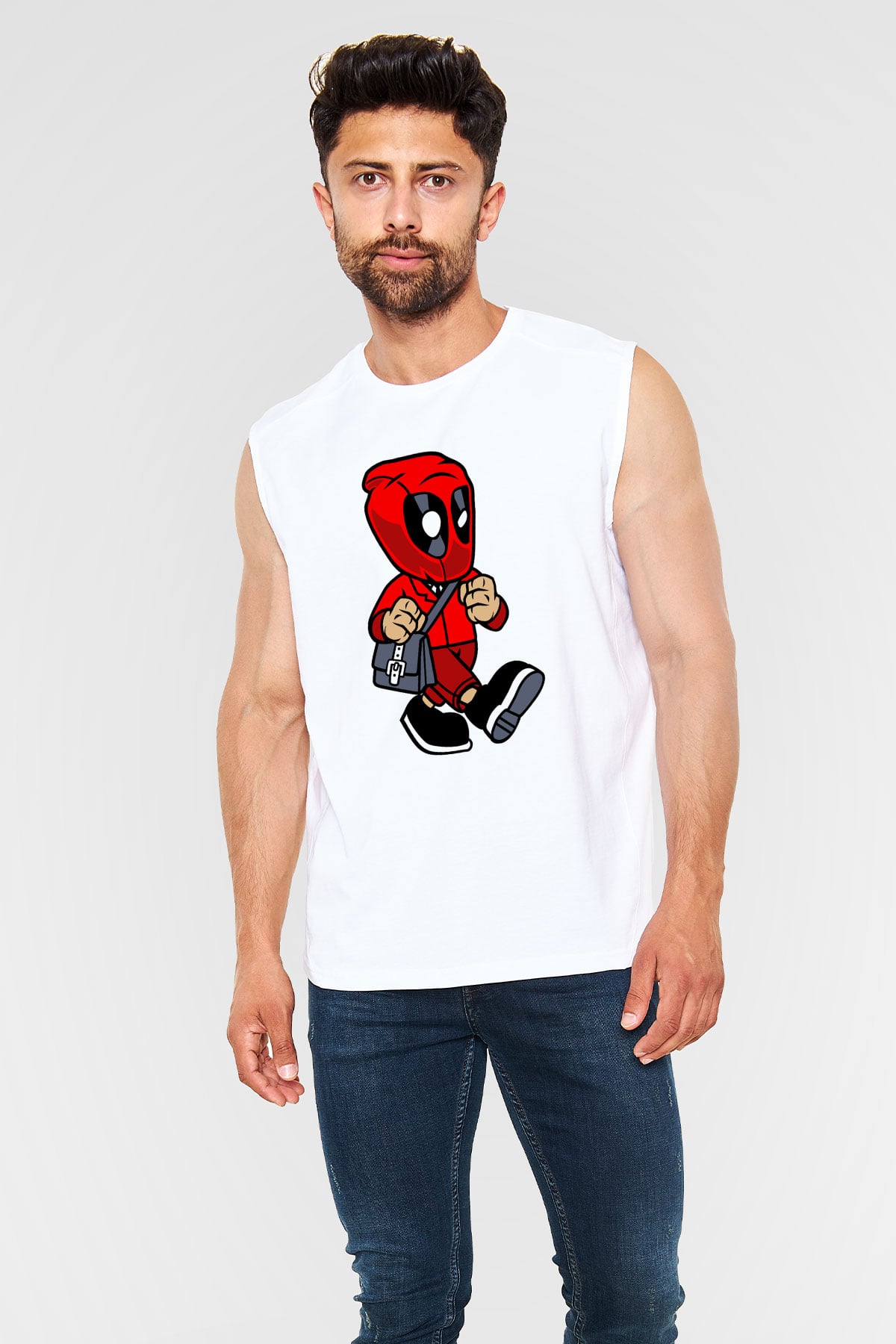 Deadpool Worker Baskılı Unisex Beyaz Kolsuz Tişört