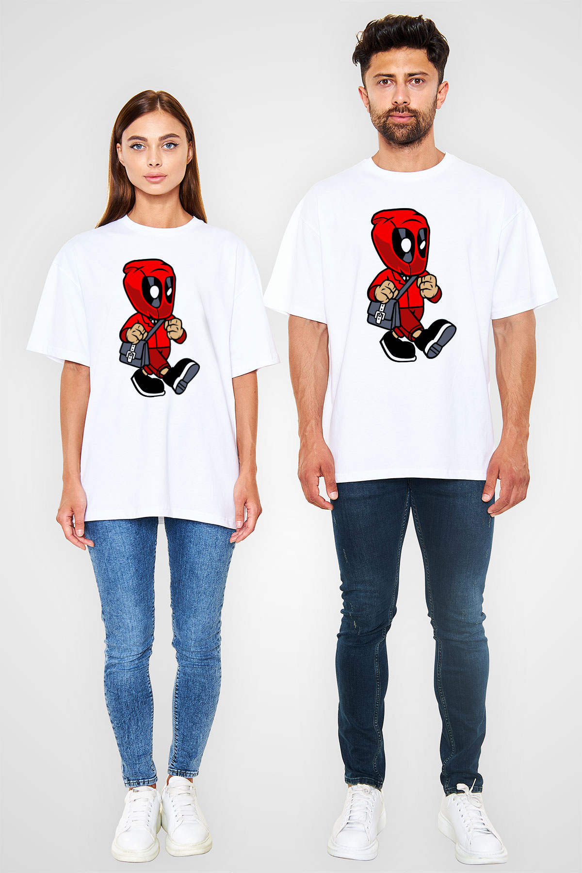 Deadpool Worker Baskılı Unisex Beyaz Oversize Tişört