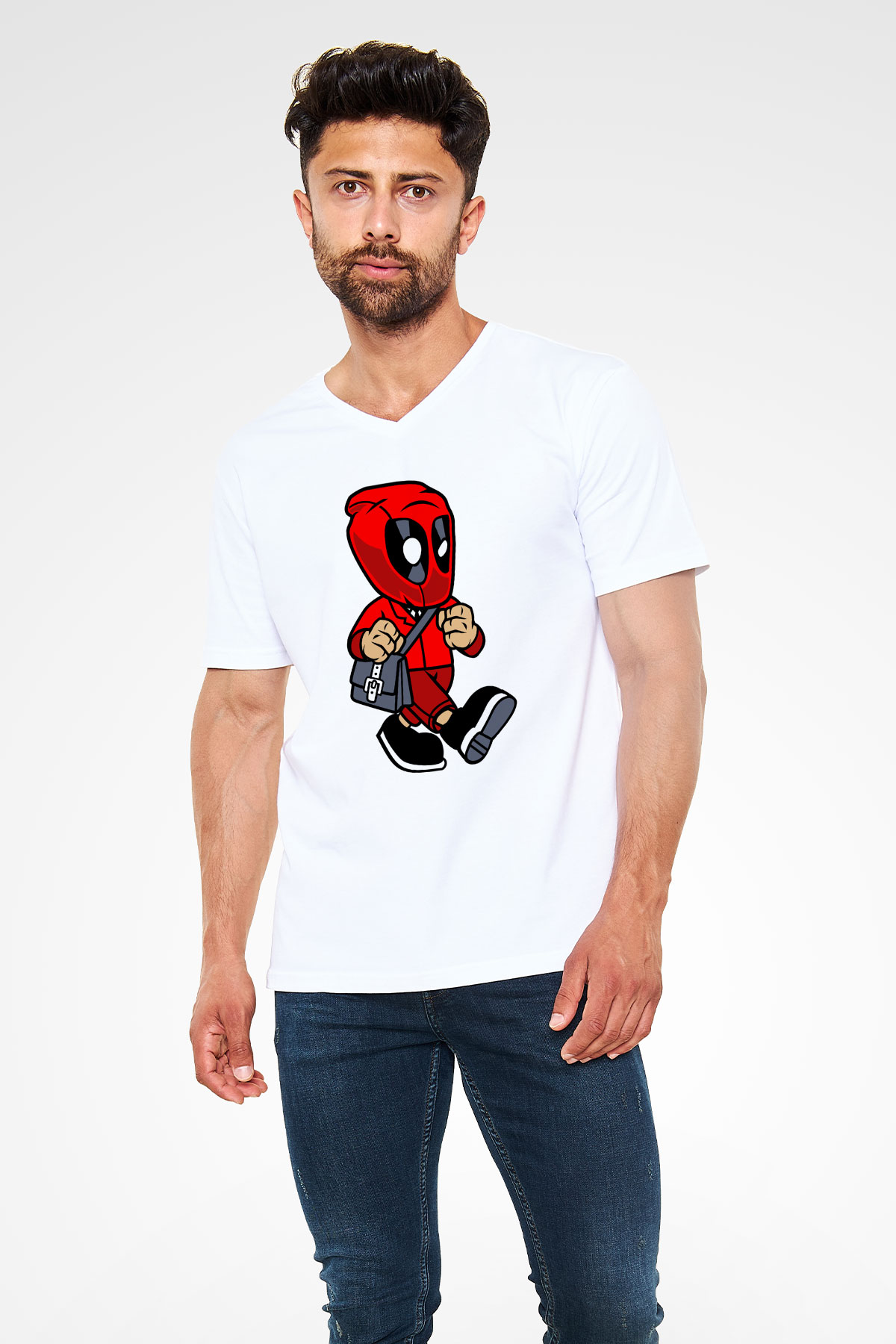 Deadpool Worker Baskılı Unisex Beyaz V Yaka Tişört