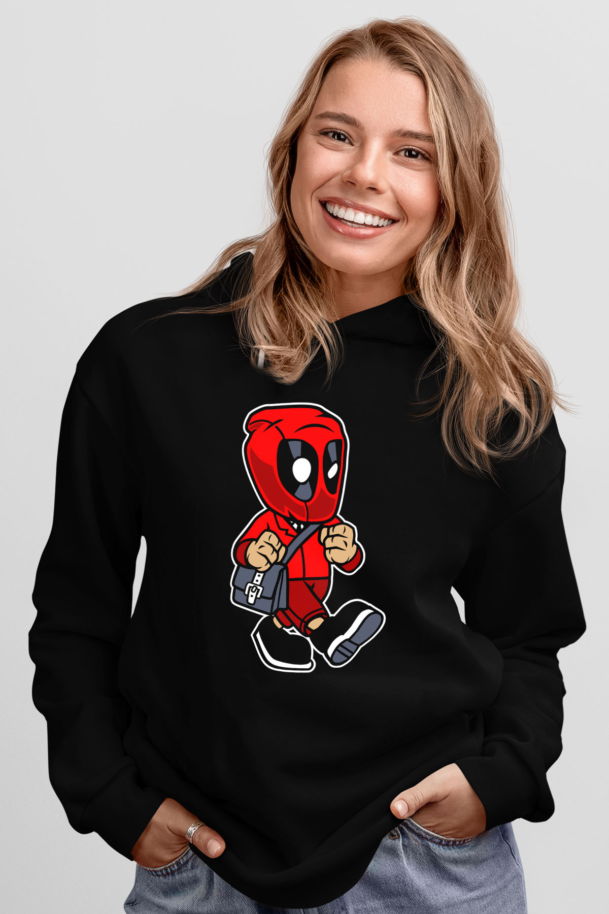 Deadpool Worker Baskılı Unisex Siyah Hoodie