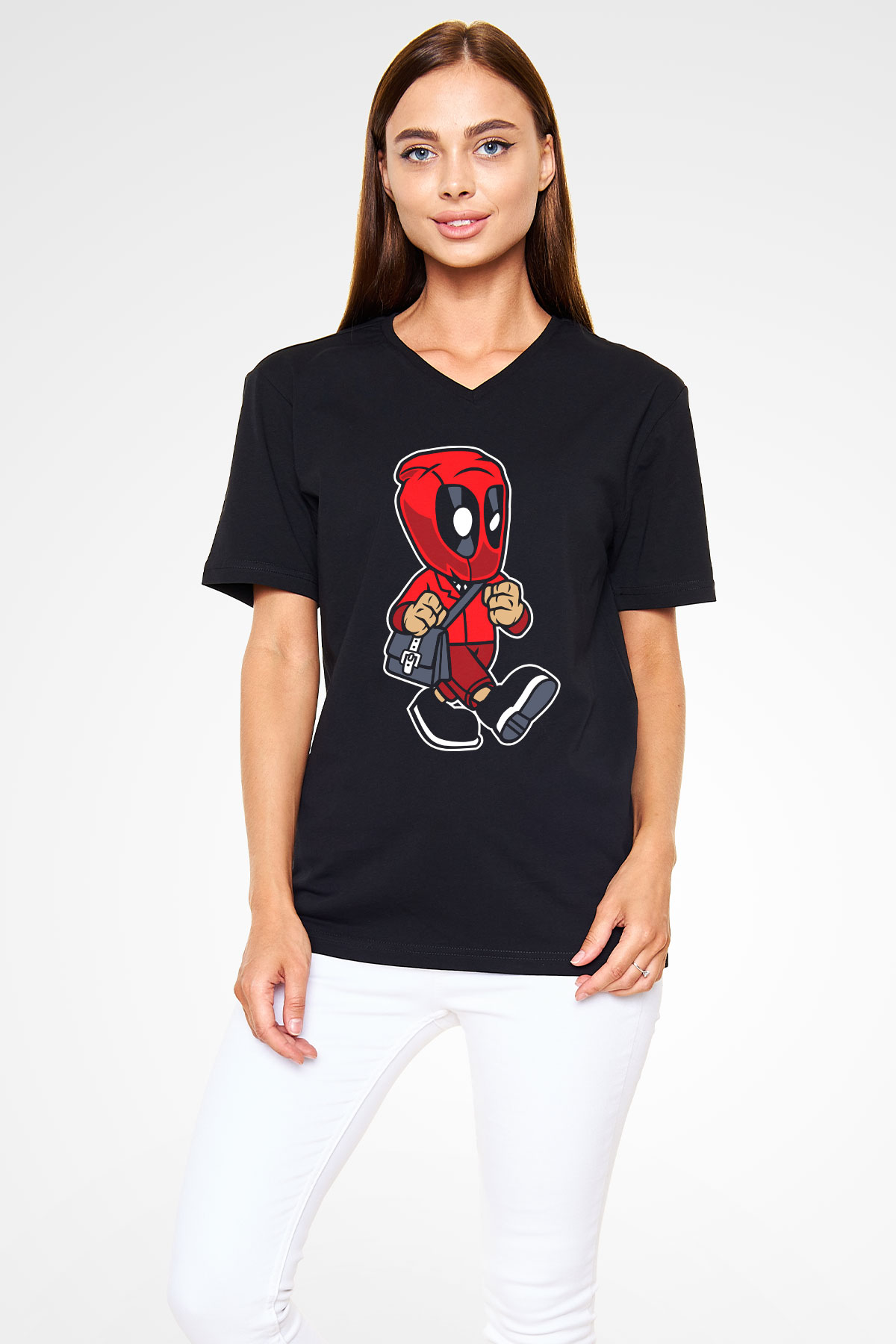 Deadpool Worker Baskılı Unisex Siyah V Yaka Tişört