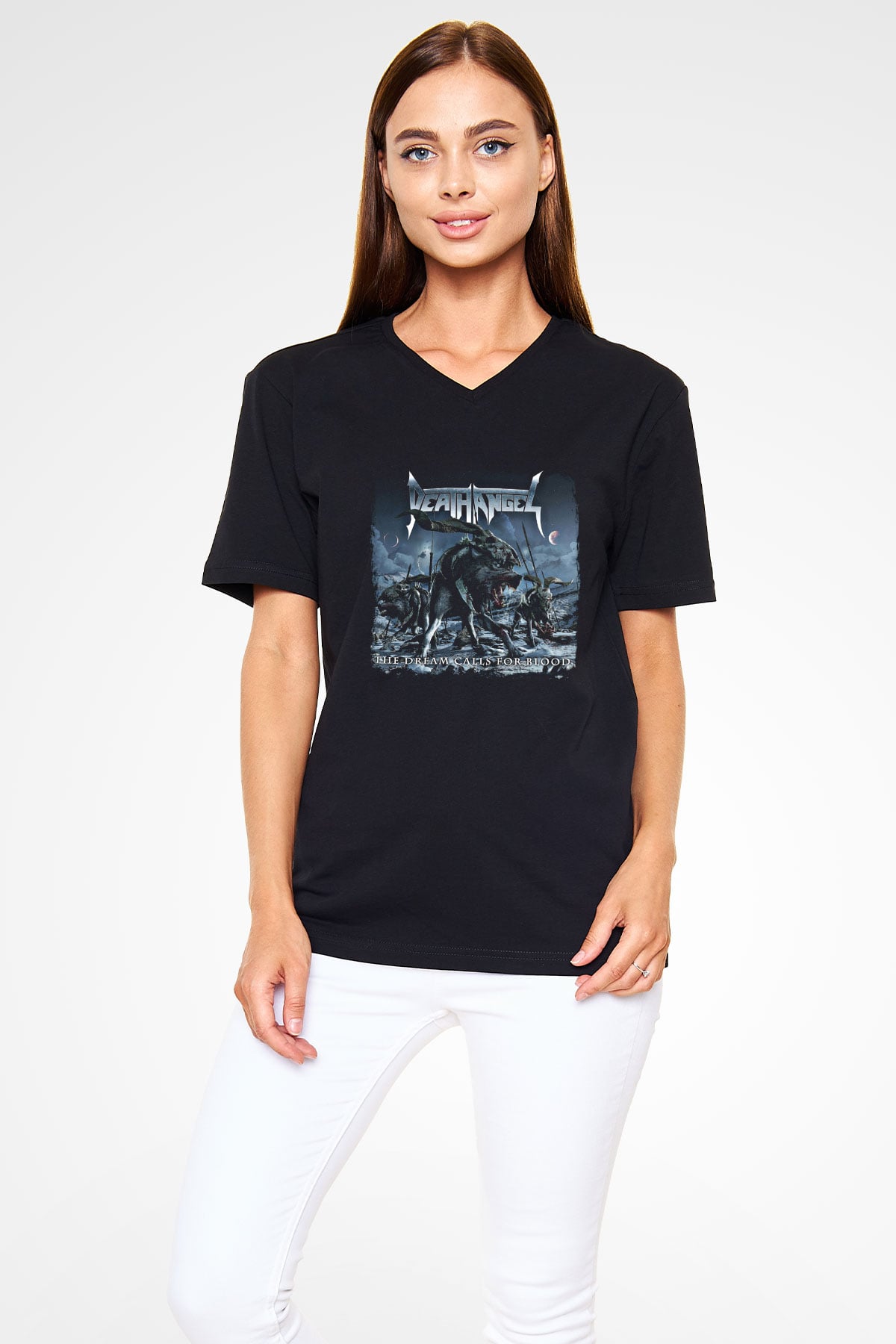 Death Angel Baskılı Unisex Siyah V Yaka Tişört