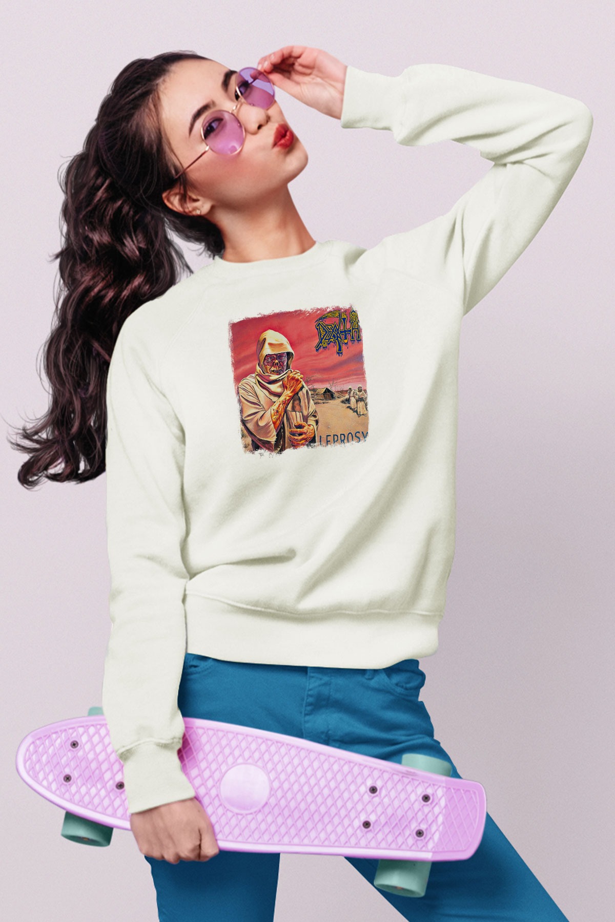 Death Baskılı Unisex Beyaz Sweatshirt