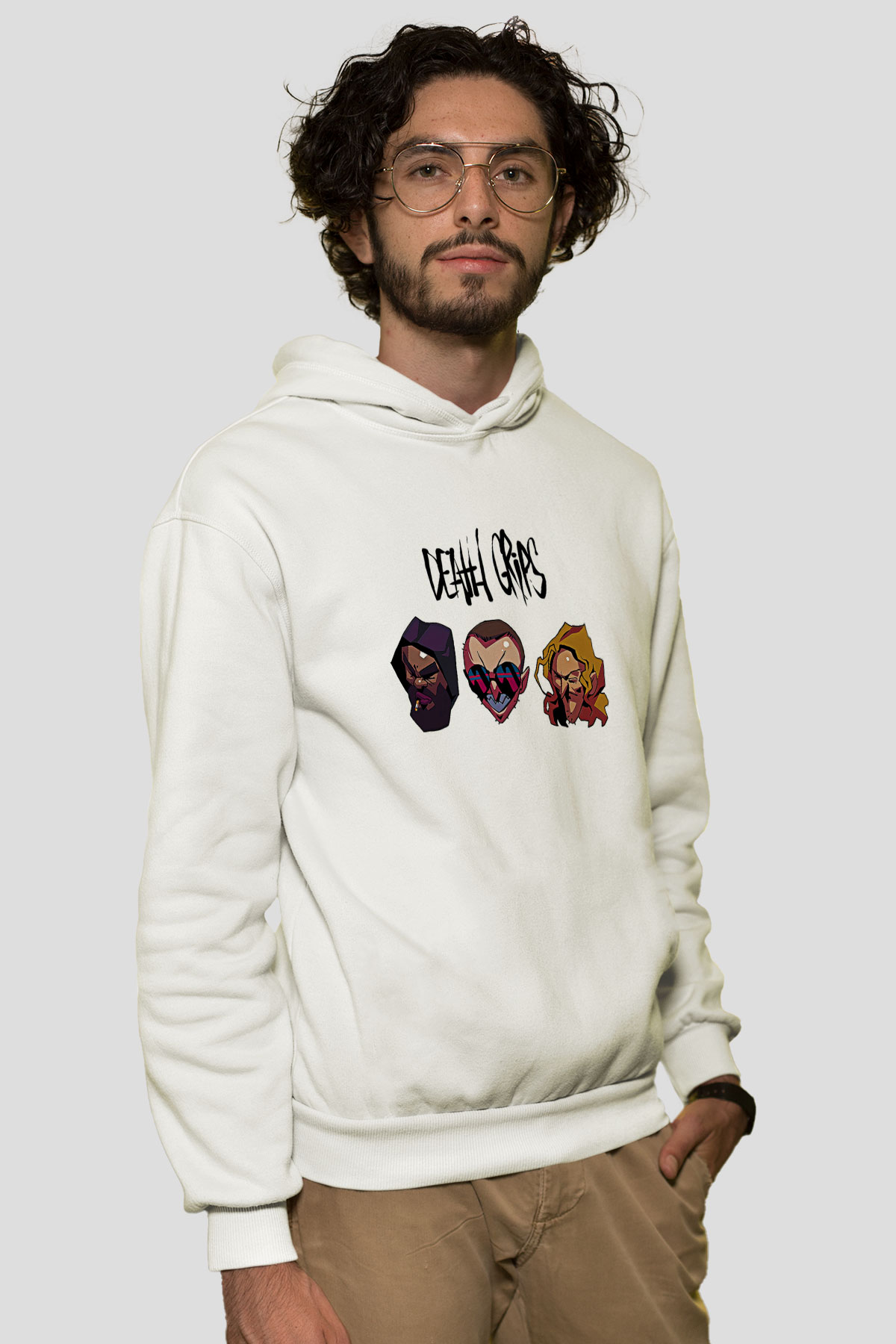 Death Grips Baskılı Beyaz Unisex Kapüşonlu Sweatshirt