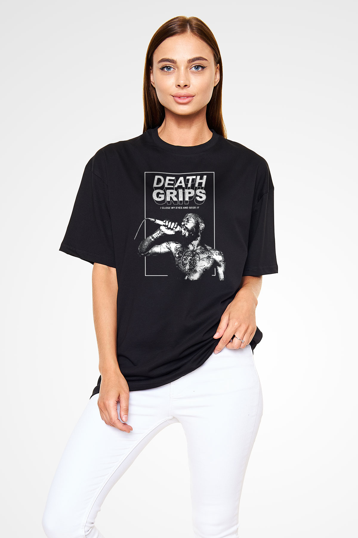 Death Grips Baskılı Unisex Siyah Oversize Tişört - Tshirt